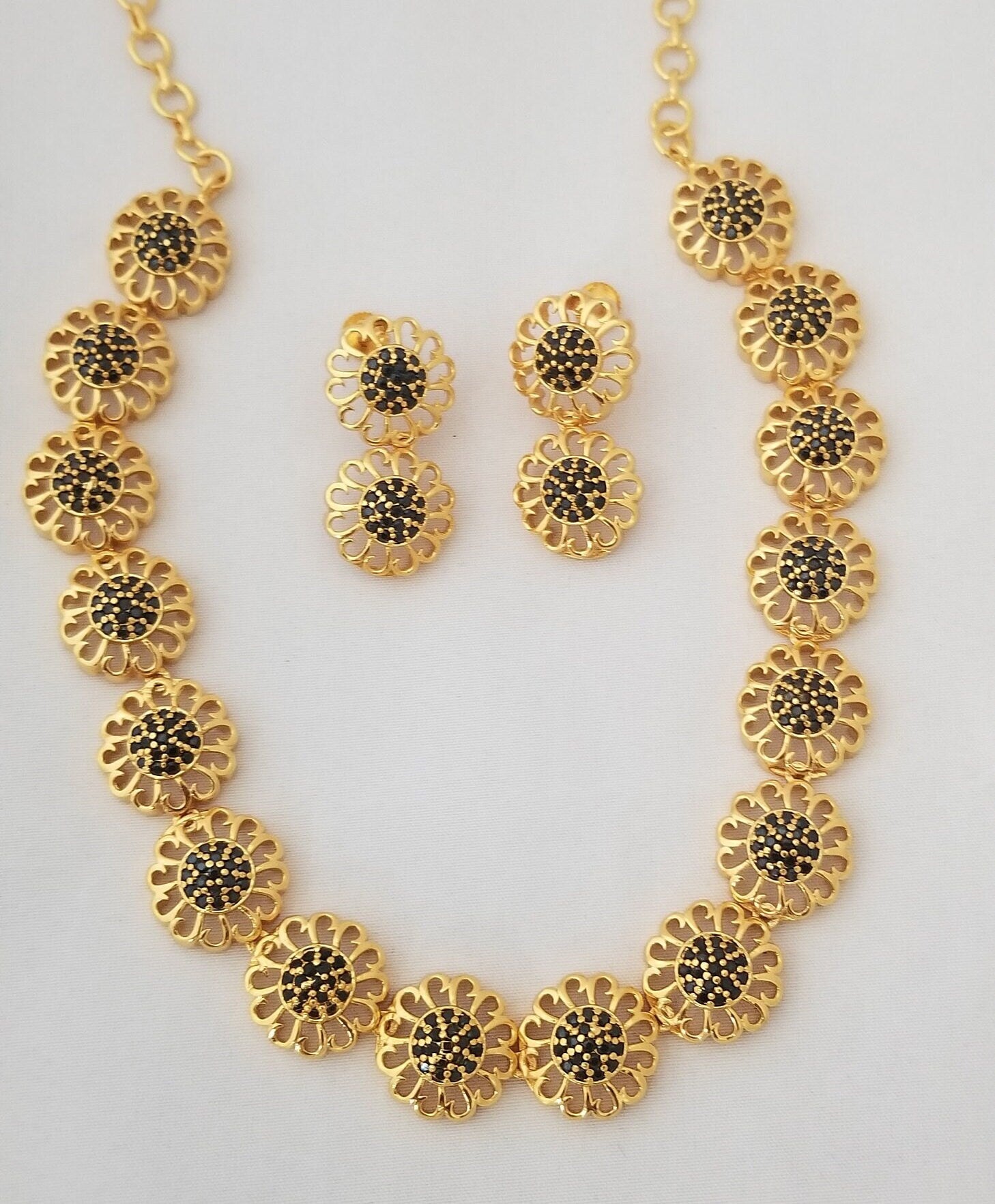 Flower Type Gold Polish Black stone Necklace with matching Earrings - Flower type Necklace