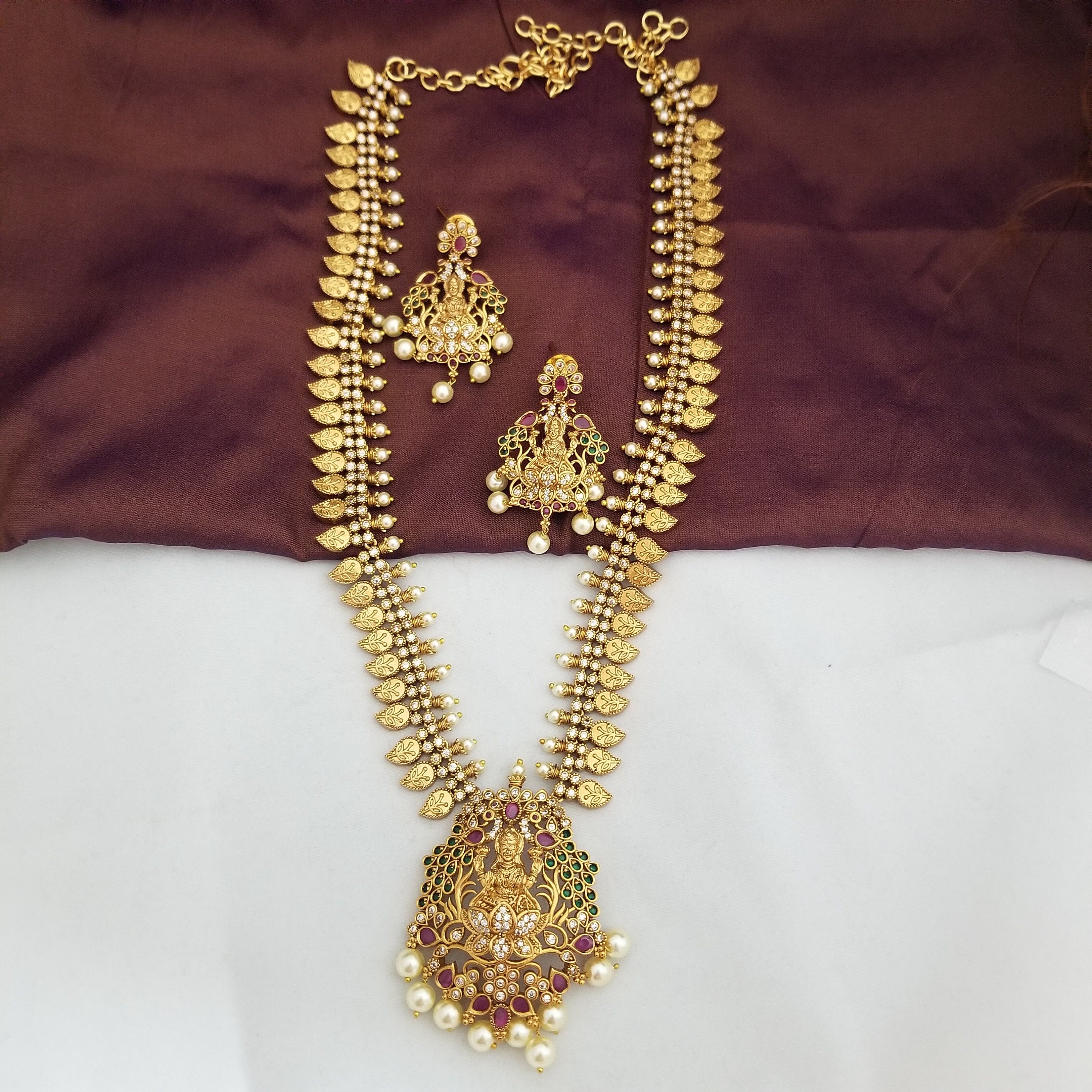 Lakshmi Premium quality Gold Jewelry Replica Haram - CZ and Kemp stone Haram with matching Earrings - Ethnic Jewelry