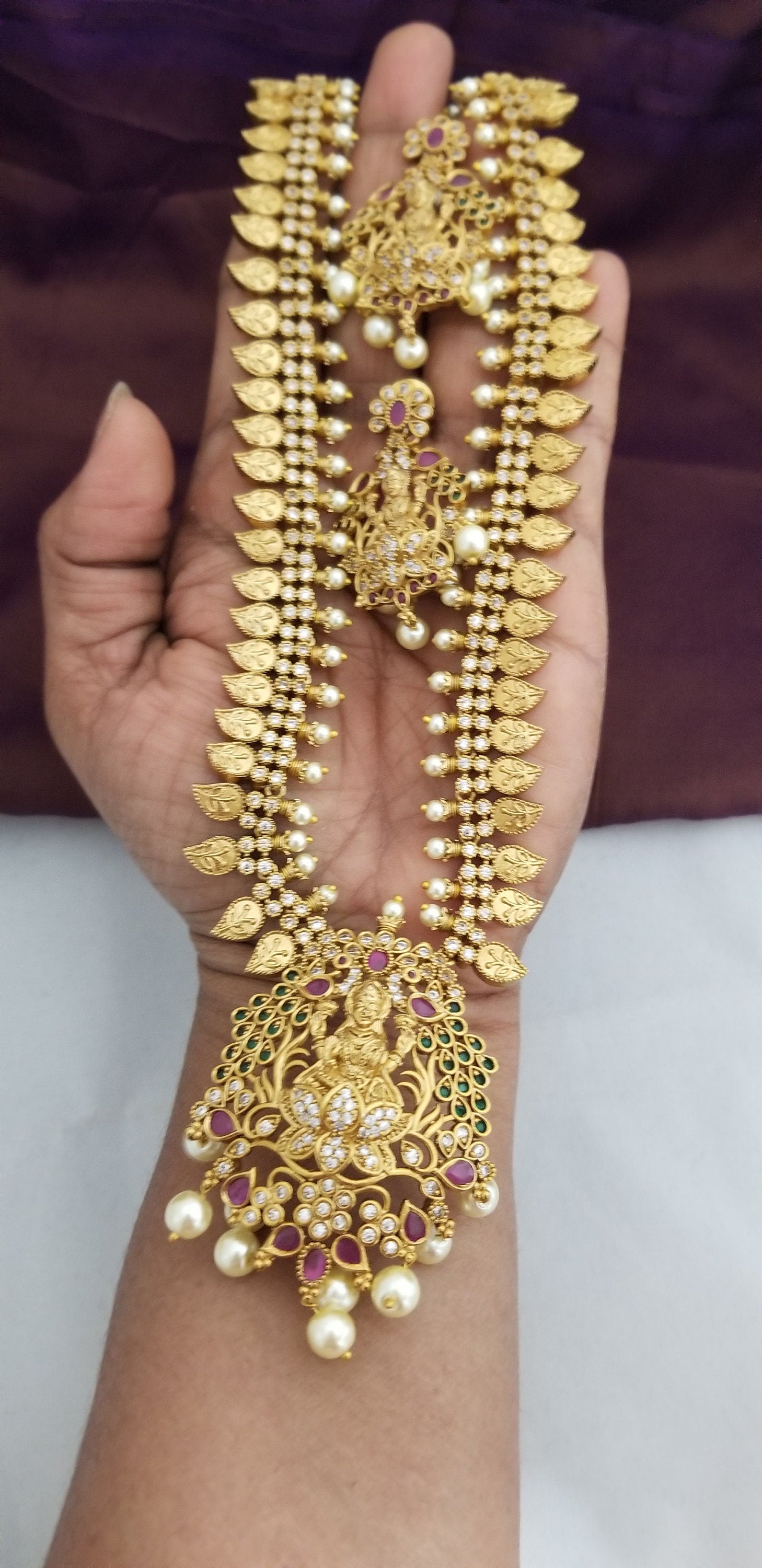 Lakshmi Premium quality Gold Jewelry Replica Haram - CZ and Kemp stone Haram with matching Earrings - Ethnic Jewelry