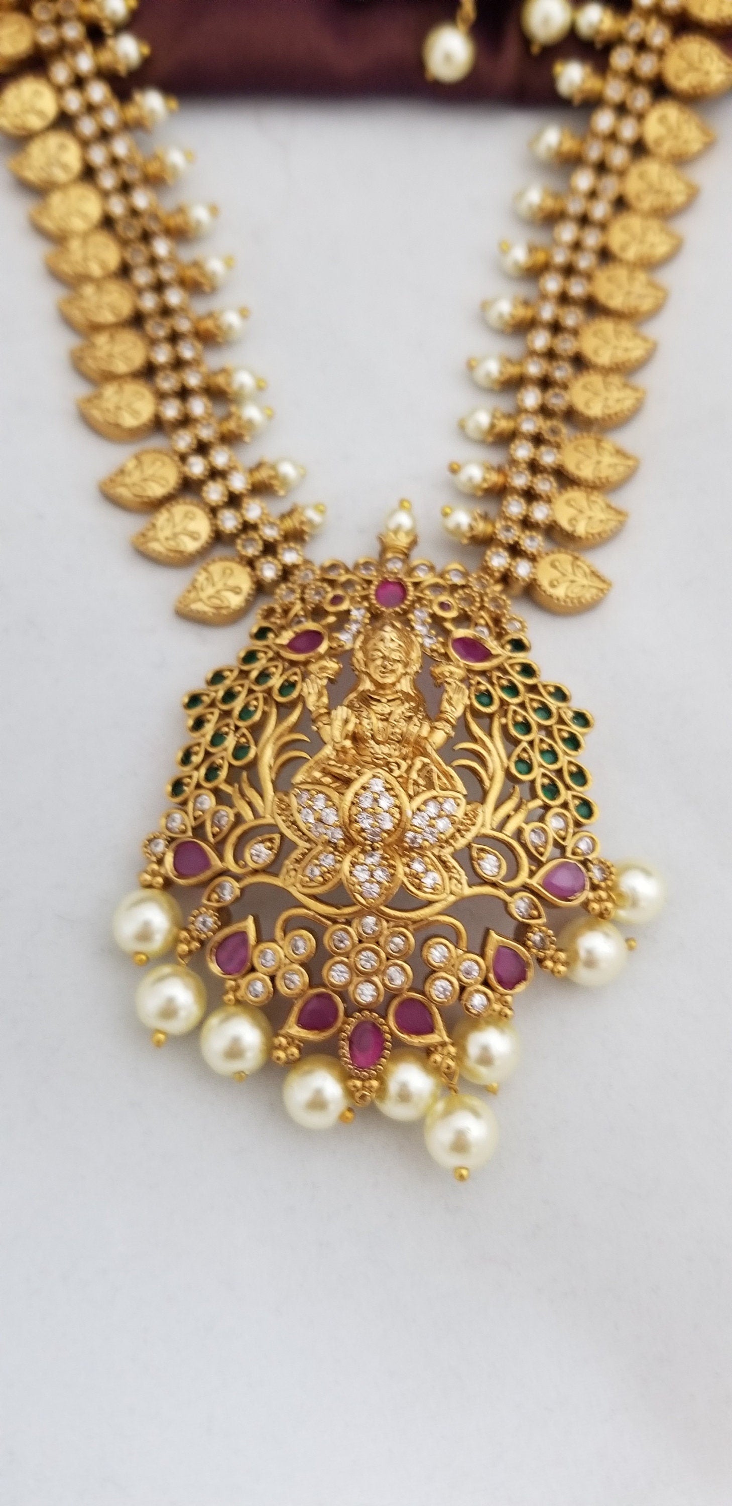 Lakshmi Premium quality Gold Jewelry Replica Haram - CZ and Kemp stone Haram with matching Earrings - Ethnic Jewelry