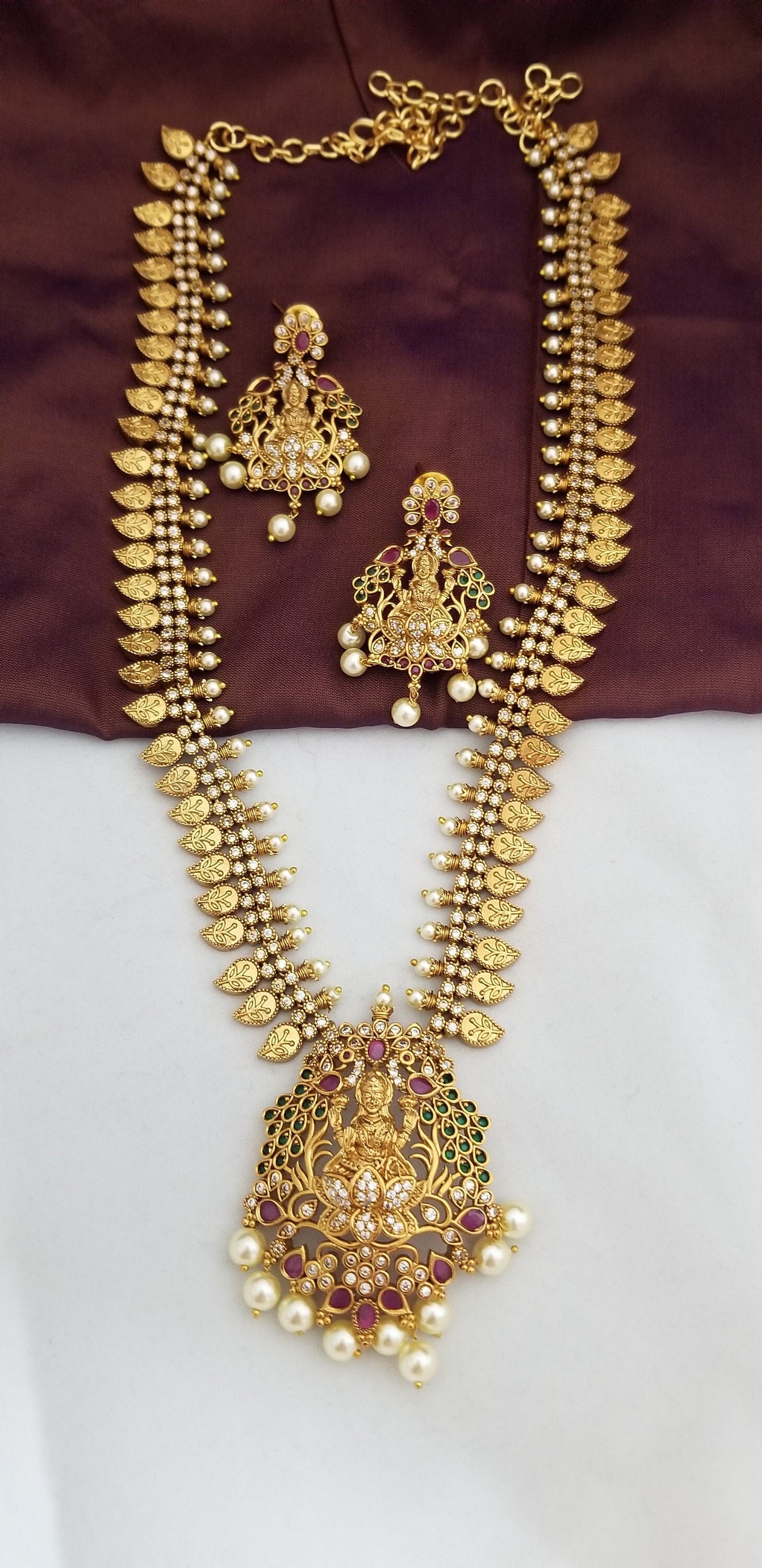 Lakshmi Premium quality Gold Jewelry Replica Haram - CZ and Kemp stone Haram with matching Earrings - Ethnic Jewelry