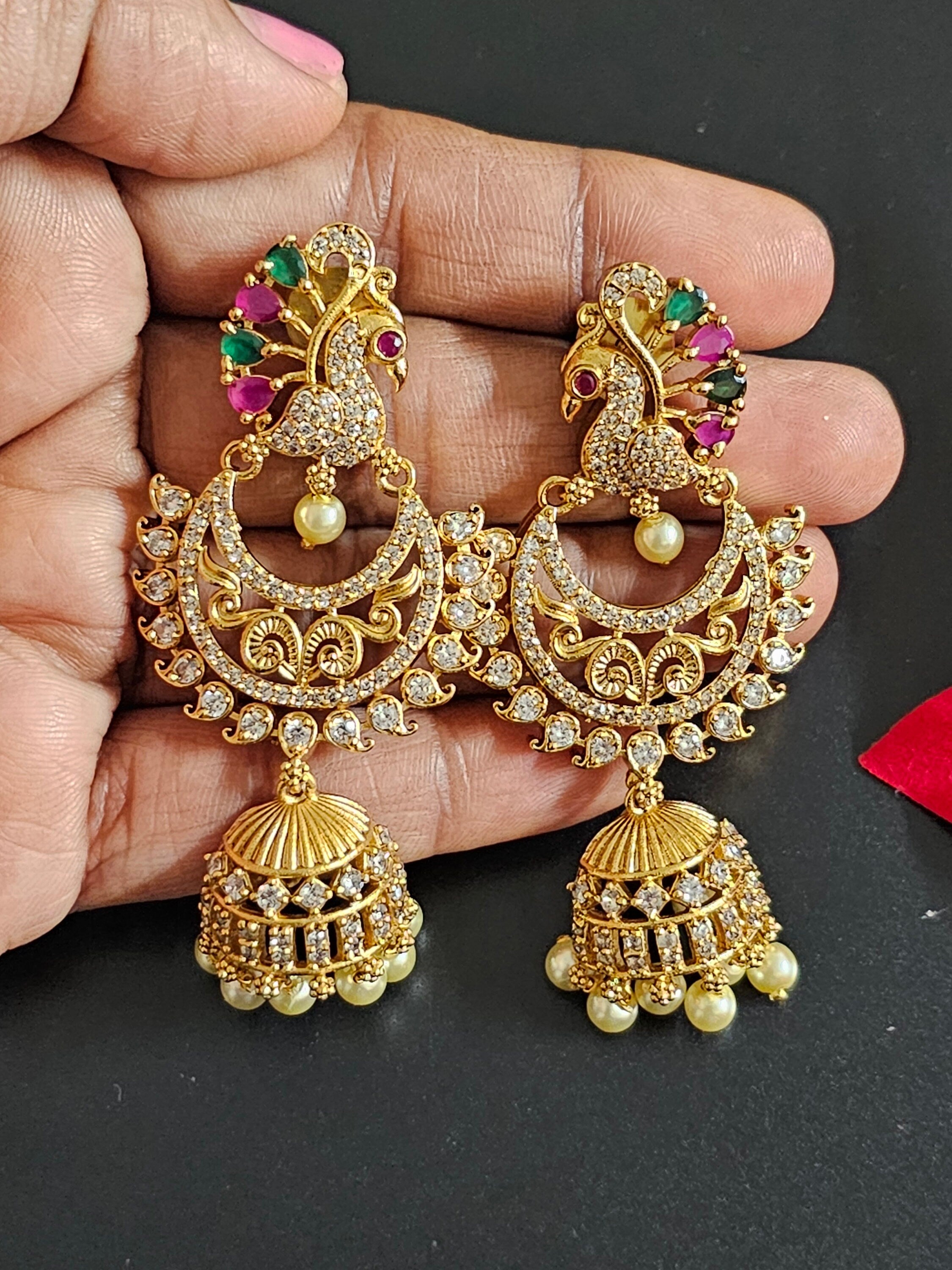 Premium Quality premium polish Peacock Chandbali Jhumka with hangings pearls