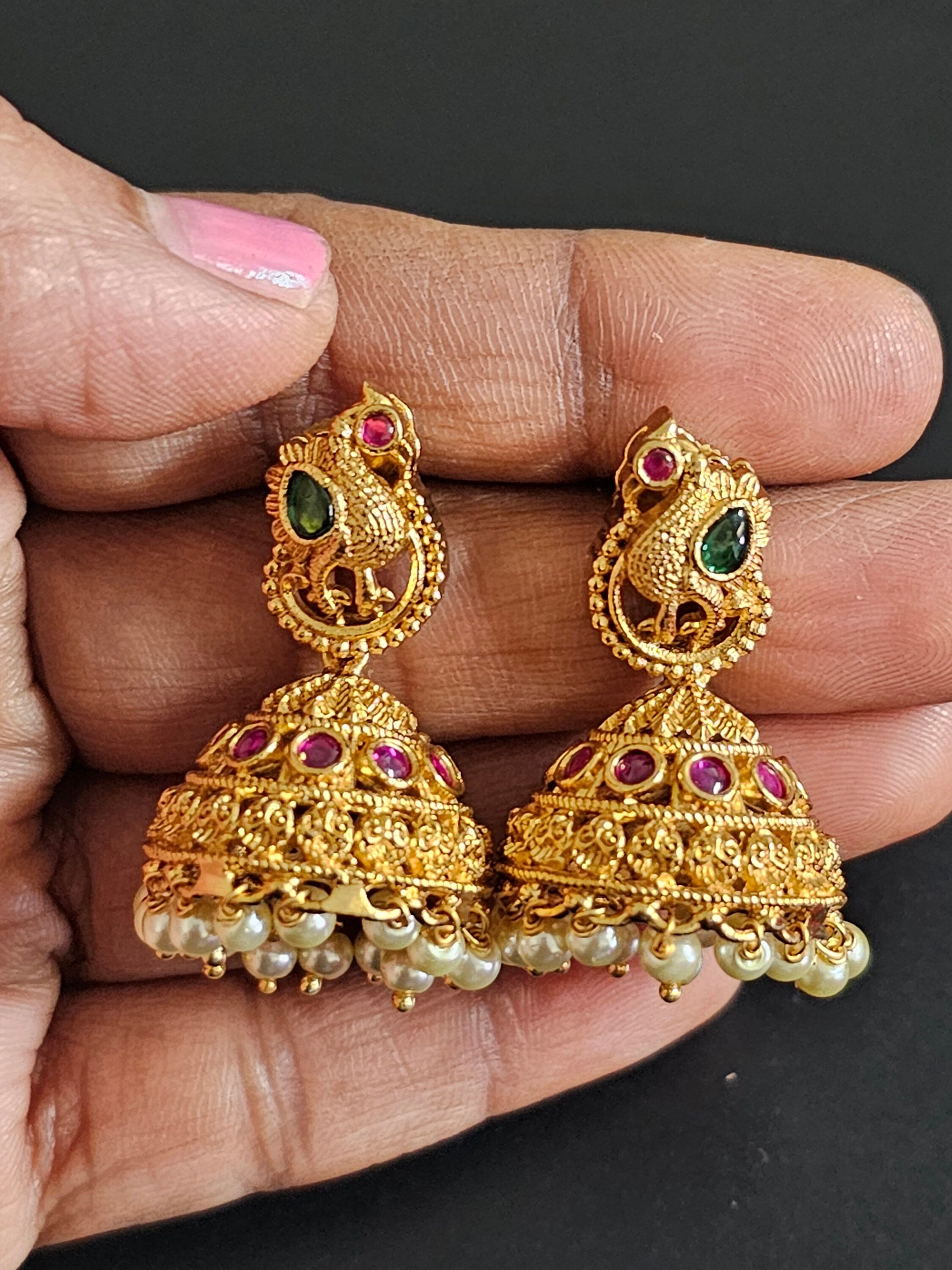 Peacock Premium Quality premium polish Jhumka with hangings pearls
