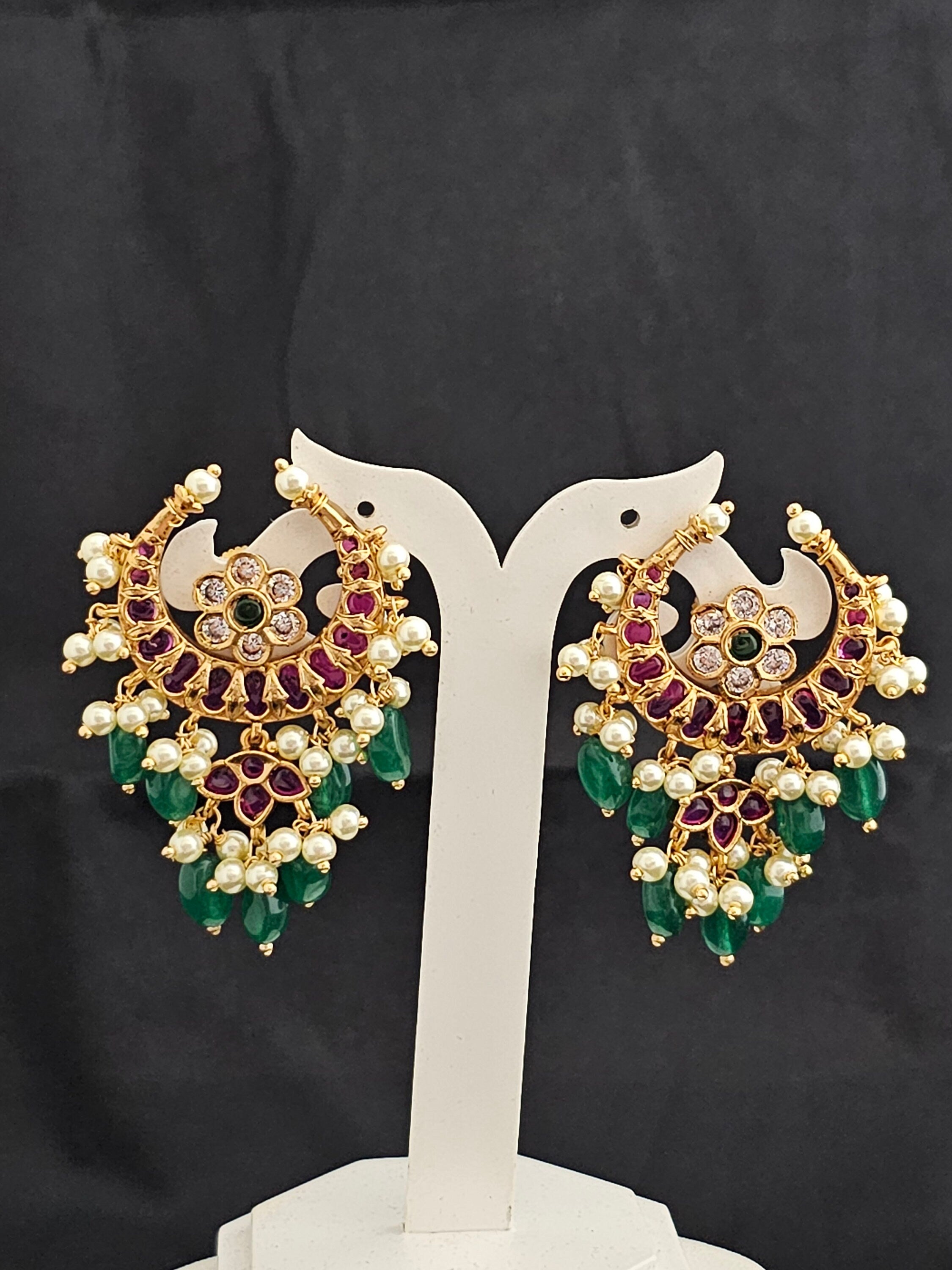 Kemp stone Premium Quality premium polish Chandbali Earrings with hanging precious beads and pearls