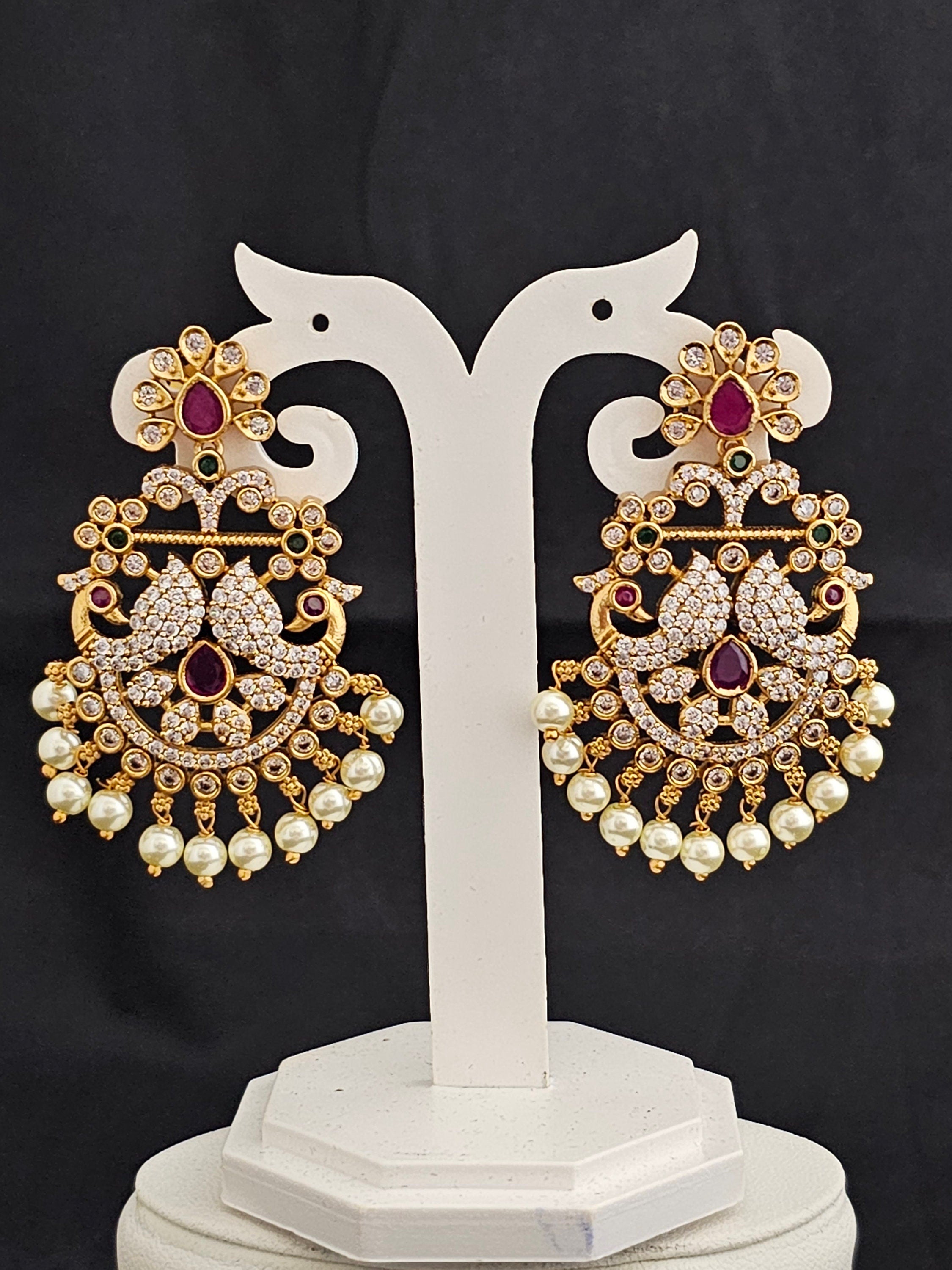 Peacock Premium Quality premium polish Chandbali type Earrings with hangings pearls