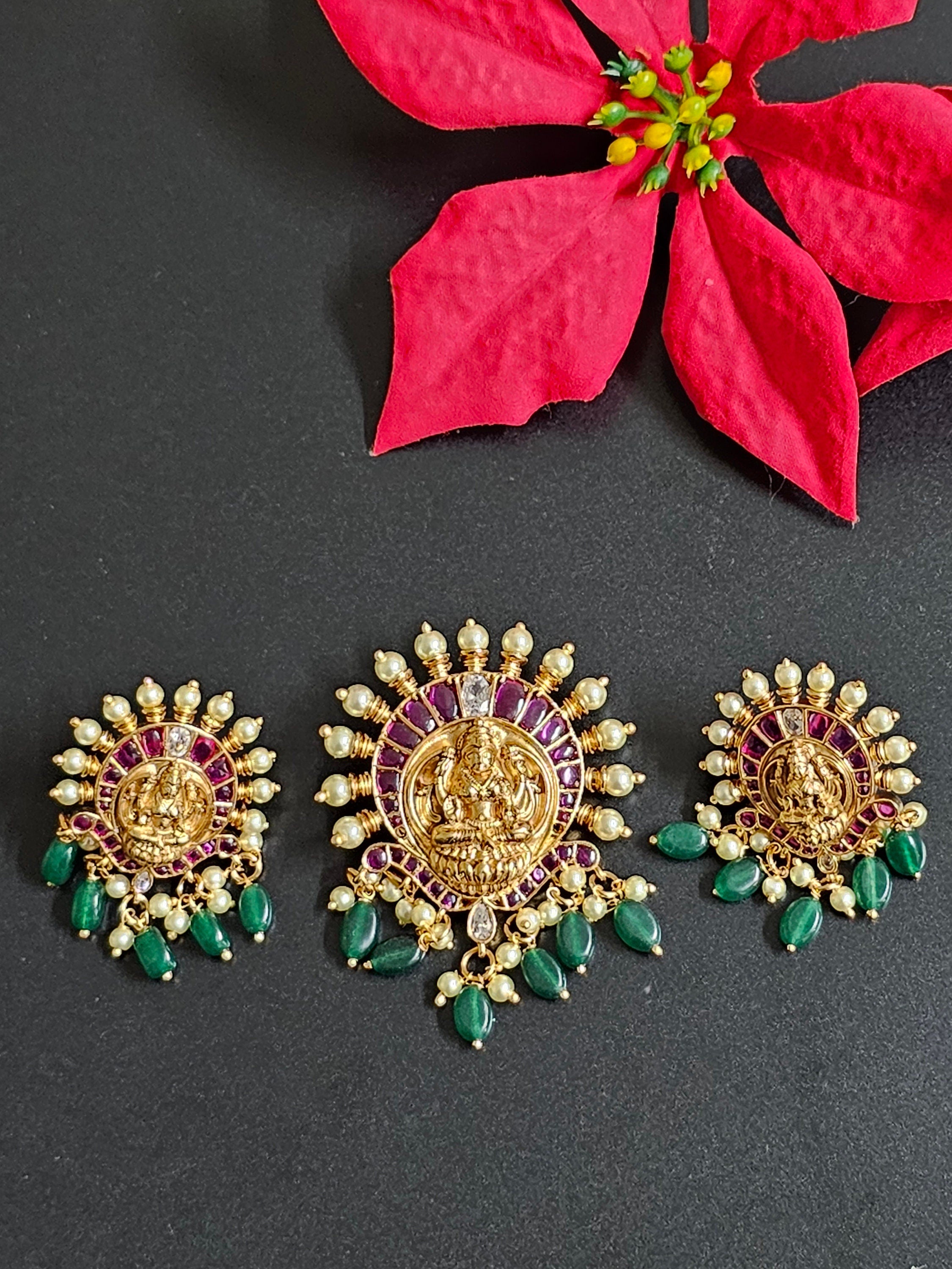 Pendent Set - Lakshmi Kemp stone Premium quality Antique Pendent with beautiful Earrings
