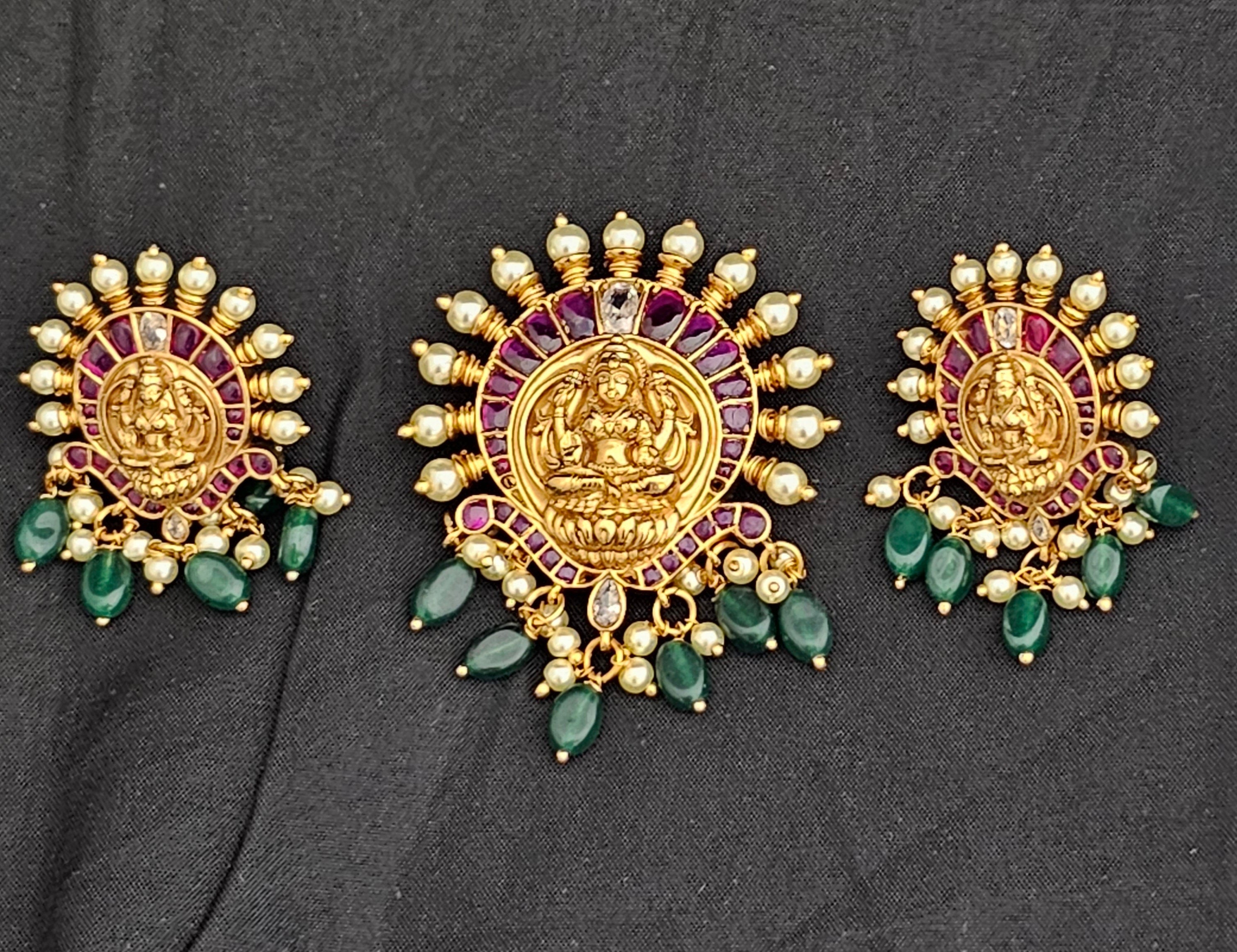 Pendent Set - Lakshmi Kemp stone Premium quality Antique Pendent with beautiful Earrings