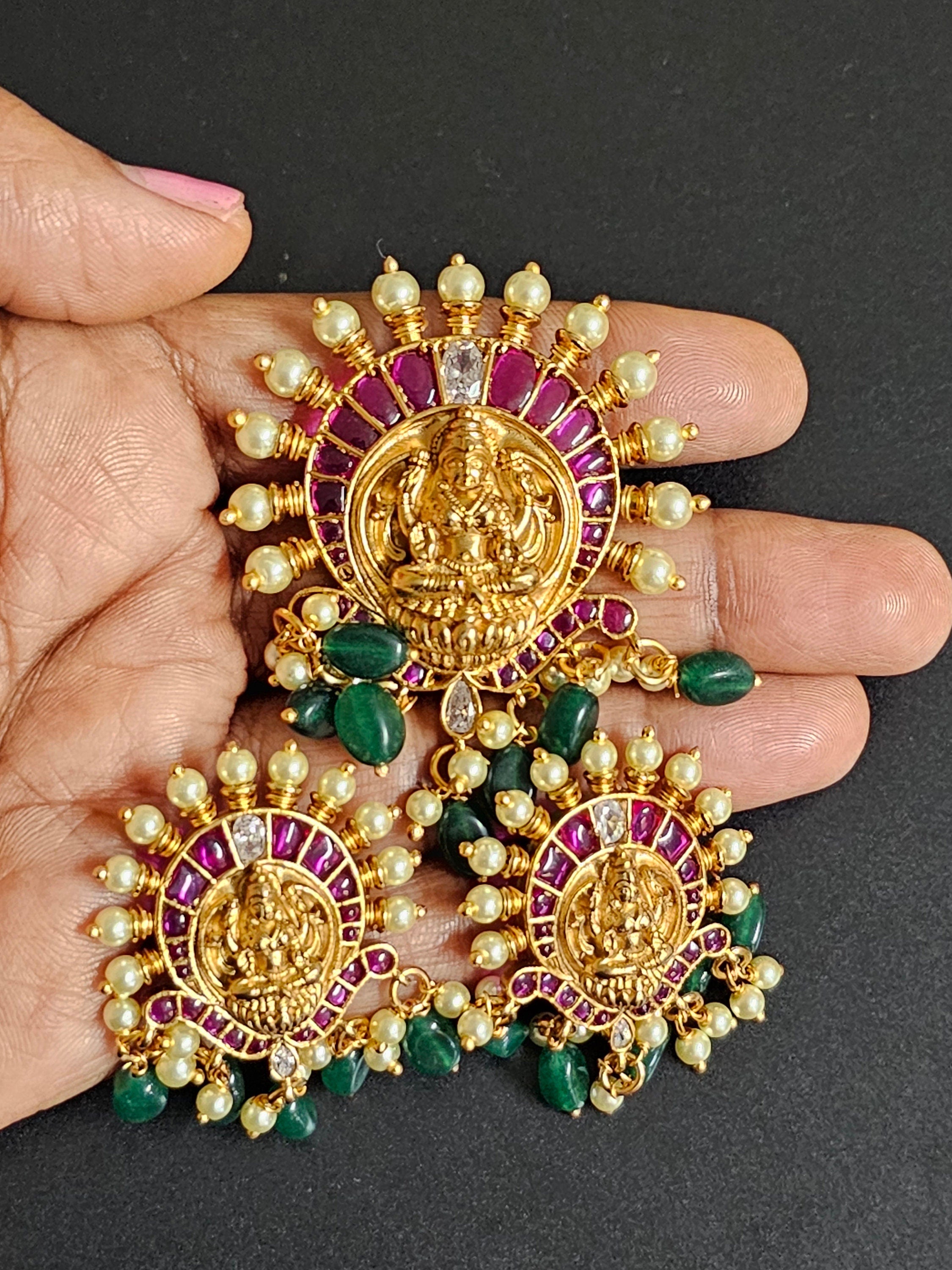 Pendent Set - Lakshmi Kemp stone Premium quality Antique Pendent with beautiful Earrings