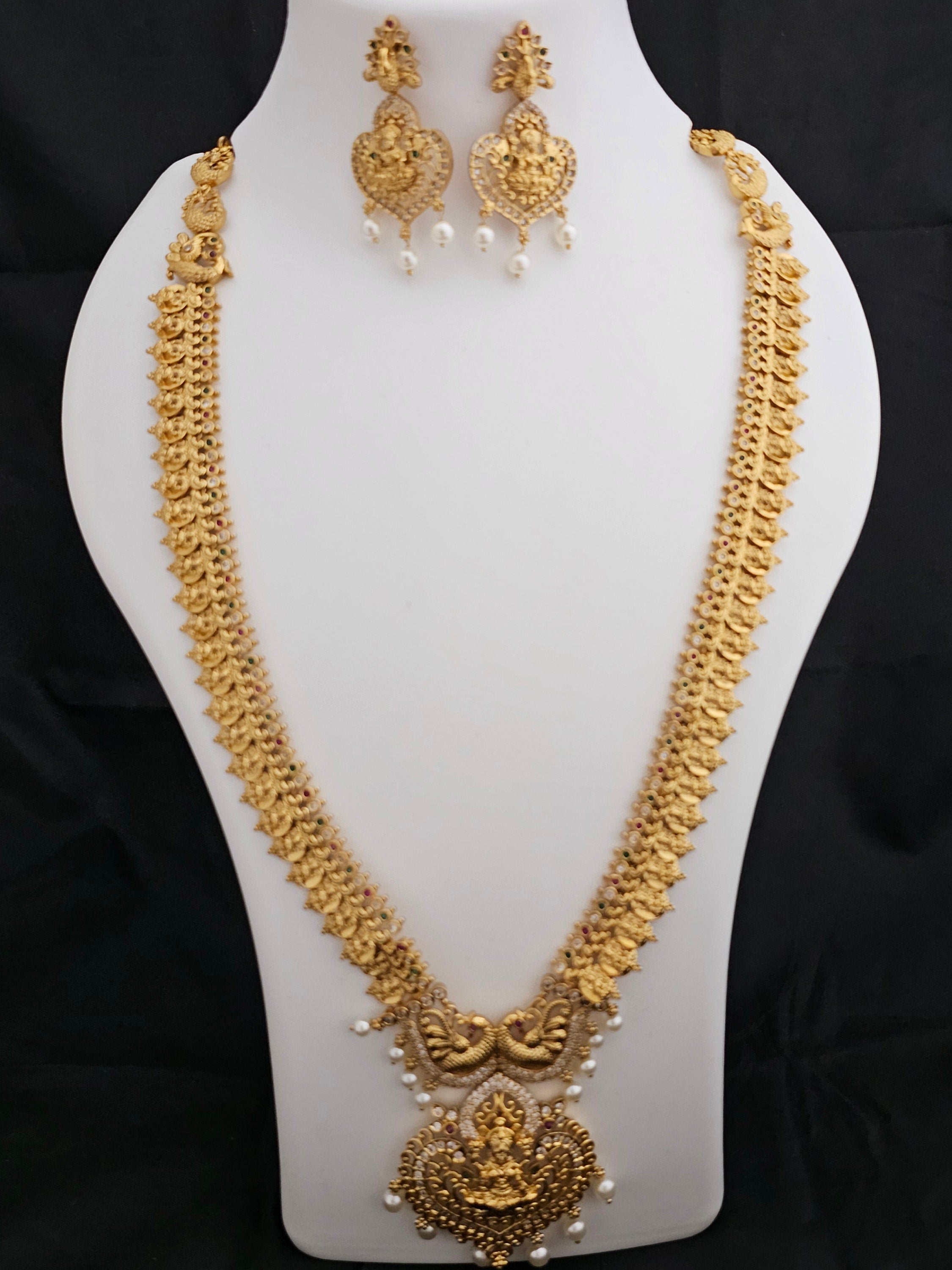 Premium Quality Lakshmi gold finish Haram with Lakshmi Earrings - Temple Jewelry - Ethnic Jewelry
