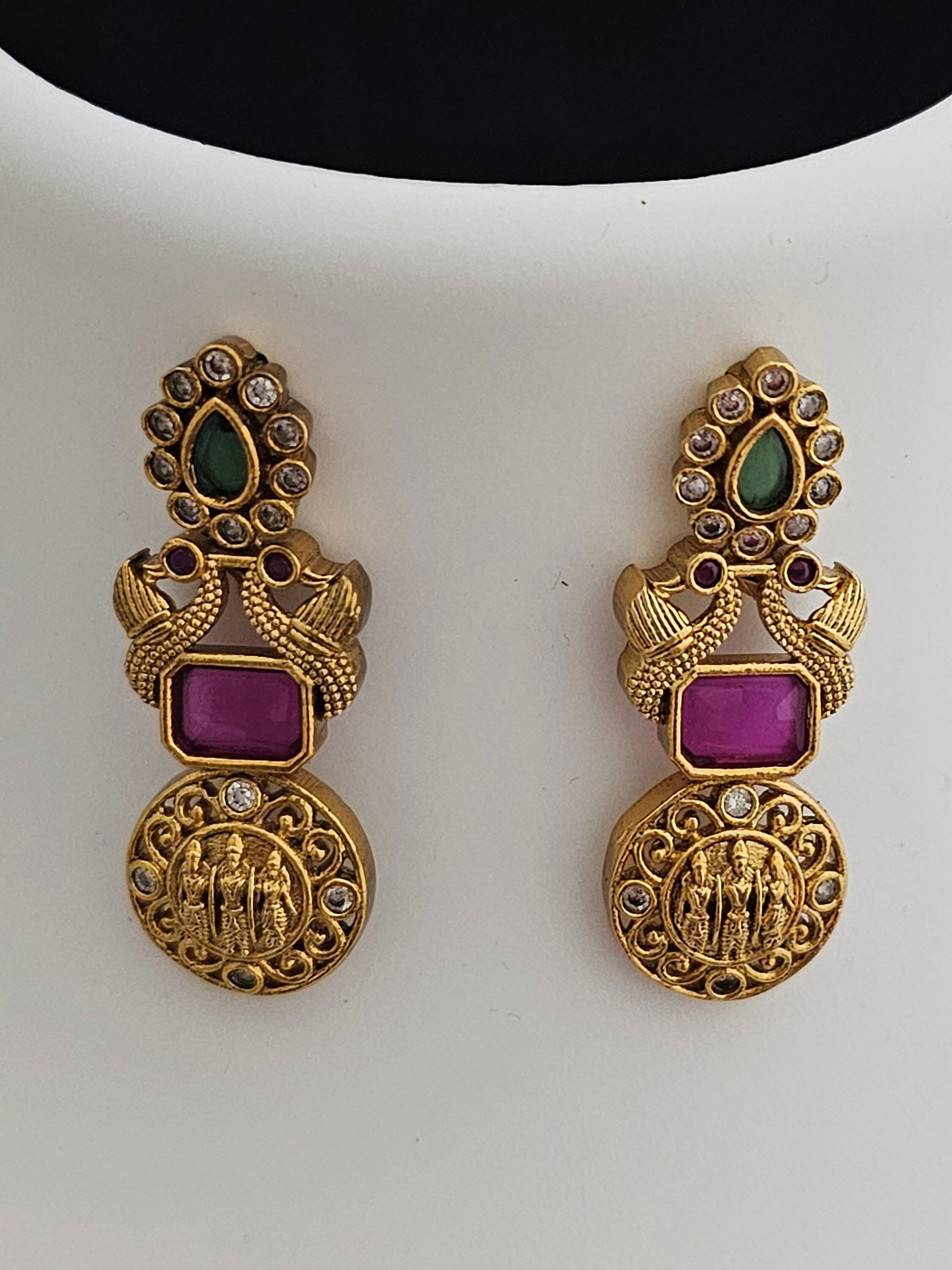 Premium Quality Ramparivar Peacock AD stone Haram with matching Earrings - Gold Jewelry Replica