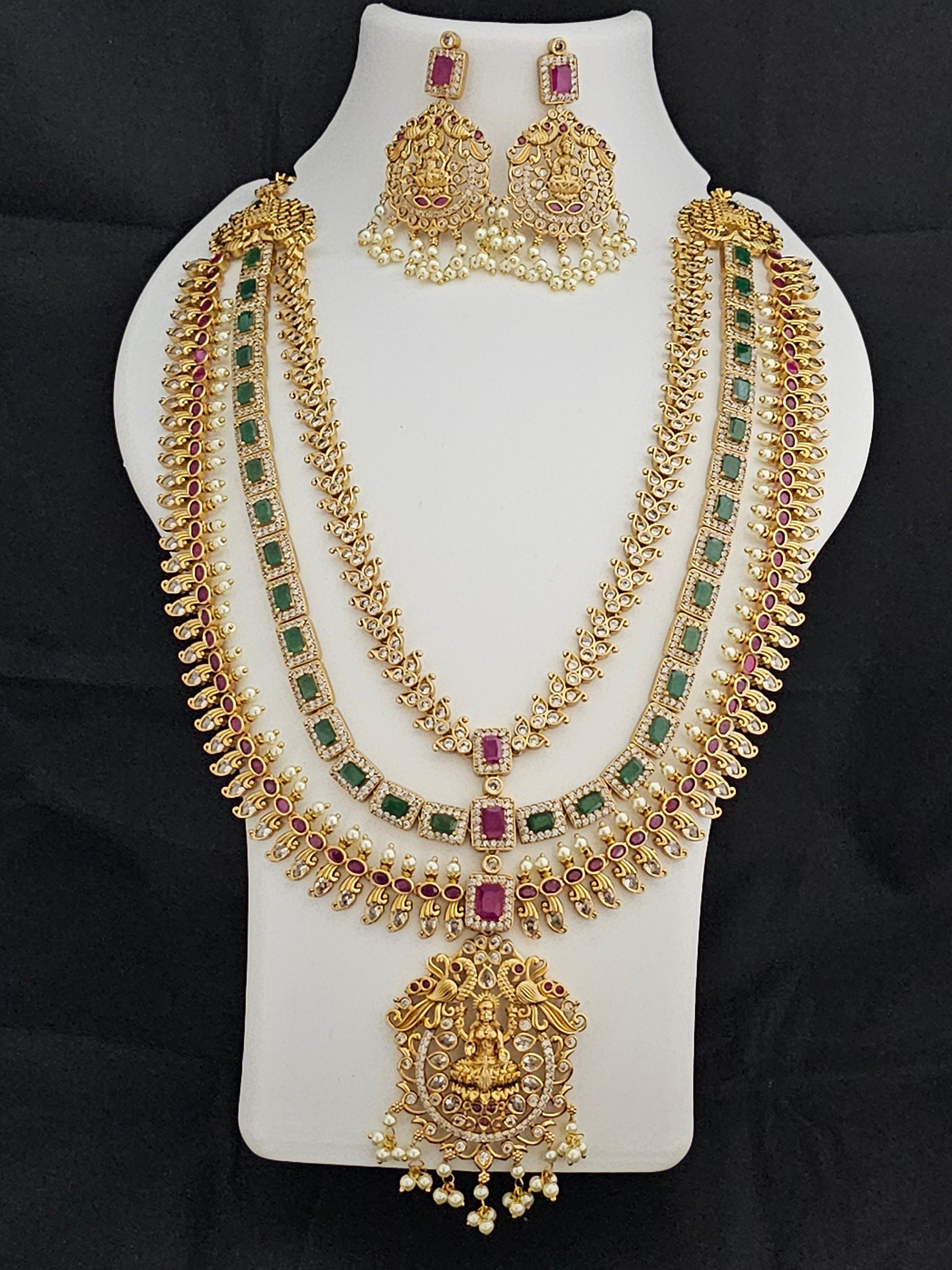 Lakshmi three layer Premium quality Gold Jewelry Replica Haram with hangings pearls with matching Earrings