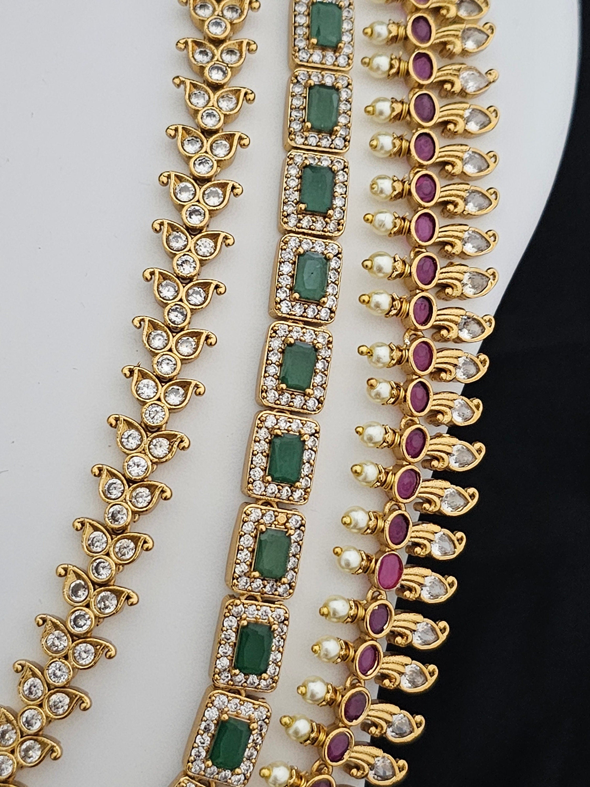 Lakshmi three layer Premium quality Gold Jewelry Replica Haram with hangings pearls with matching Earrings