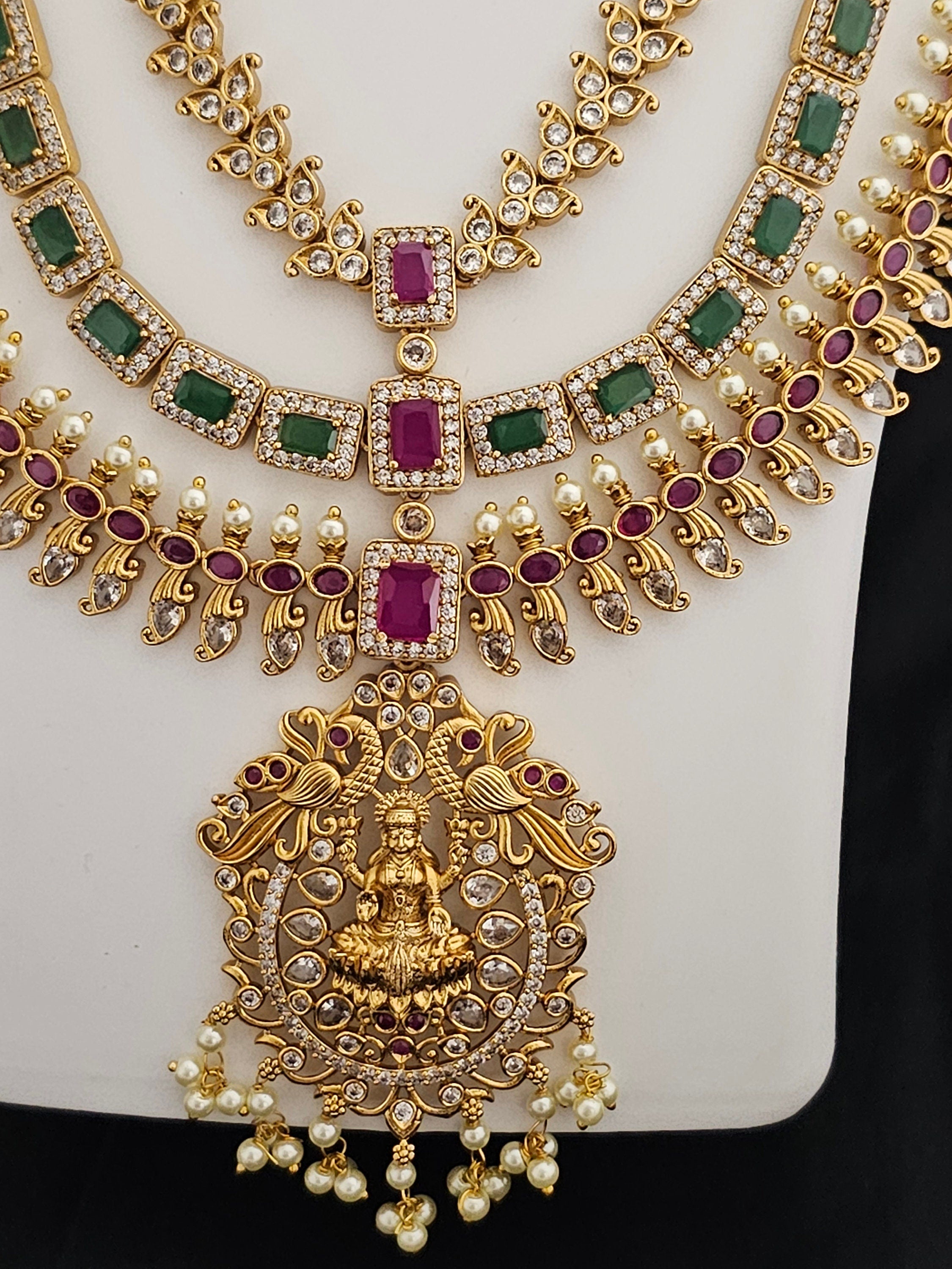 Lakshmi three layer Premium quality Gold Jewelry Replica Haram with hangings pearls with matching Earrings