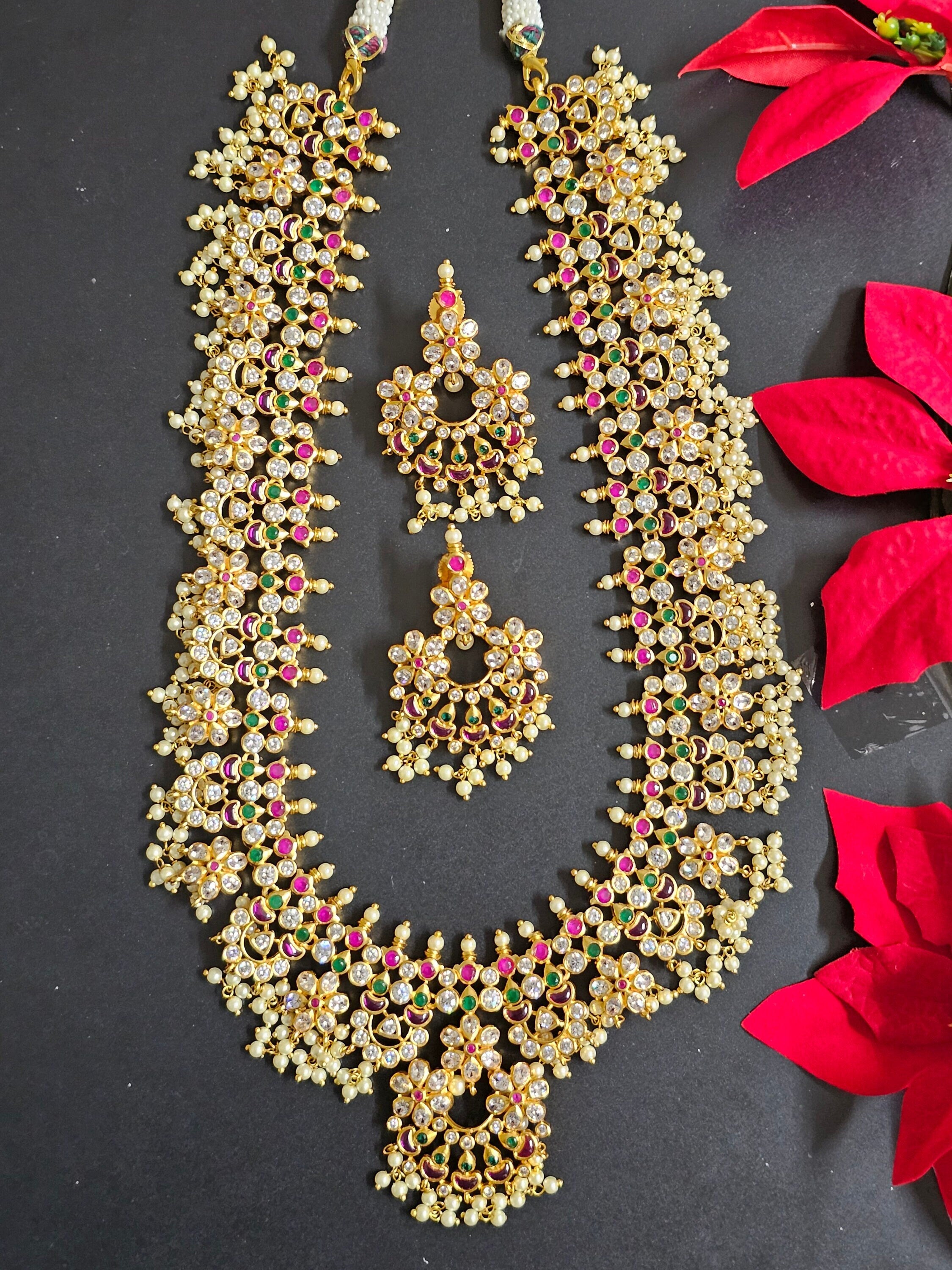 Premium quality Guttapusalu chandbali Gold Jewelry Replica Haram with with matching Chandbali Earrings