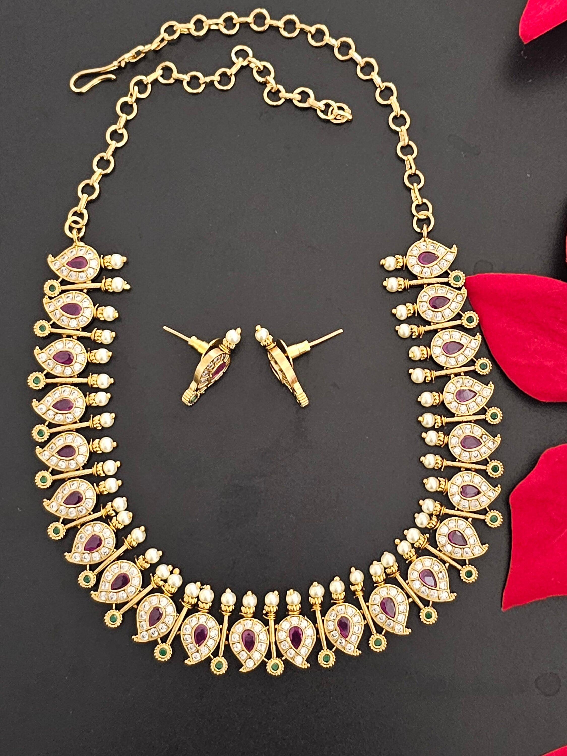 Premium Quality premium polish mango type matte finish stone necklace with matching Earrings  - Fashion Jewelry