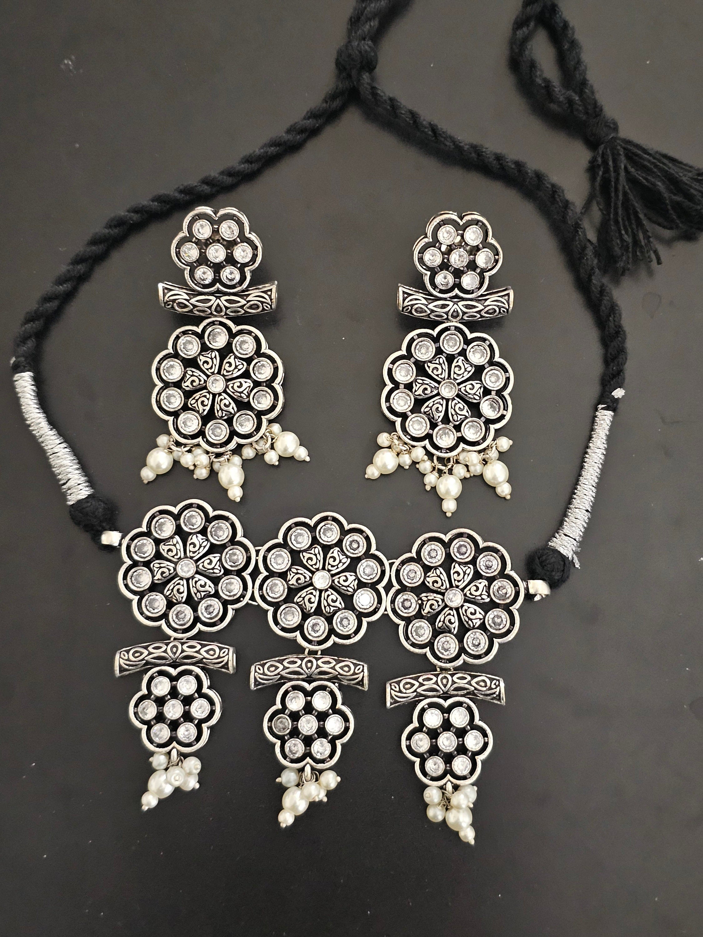 Premium quality Oxidized Silver Stone Flower Choker with matching Big Earrings