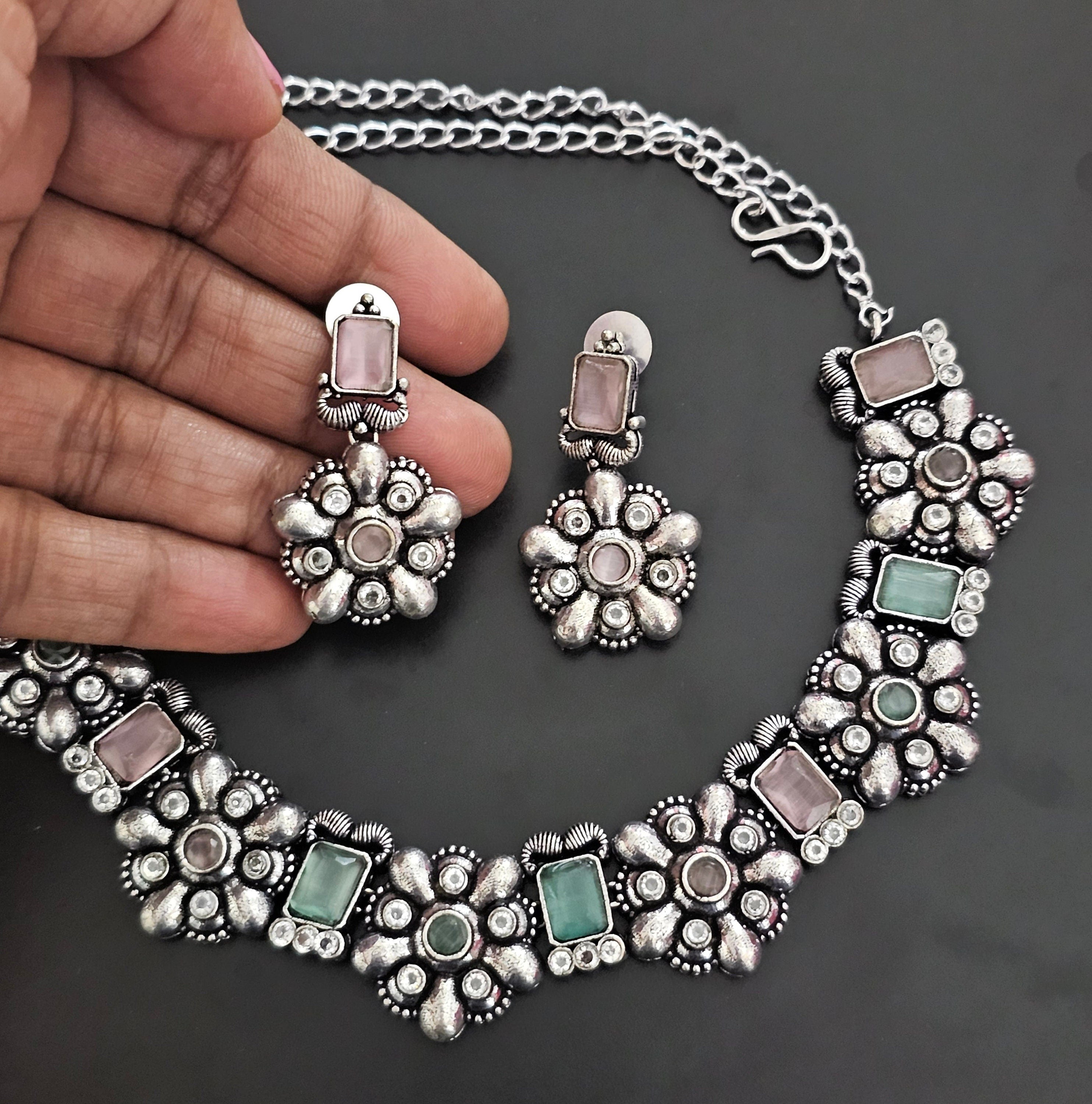 Premium quality partywear Oxidized silver Multi-color Necklace with matching Earrings