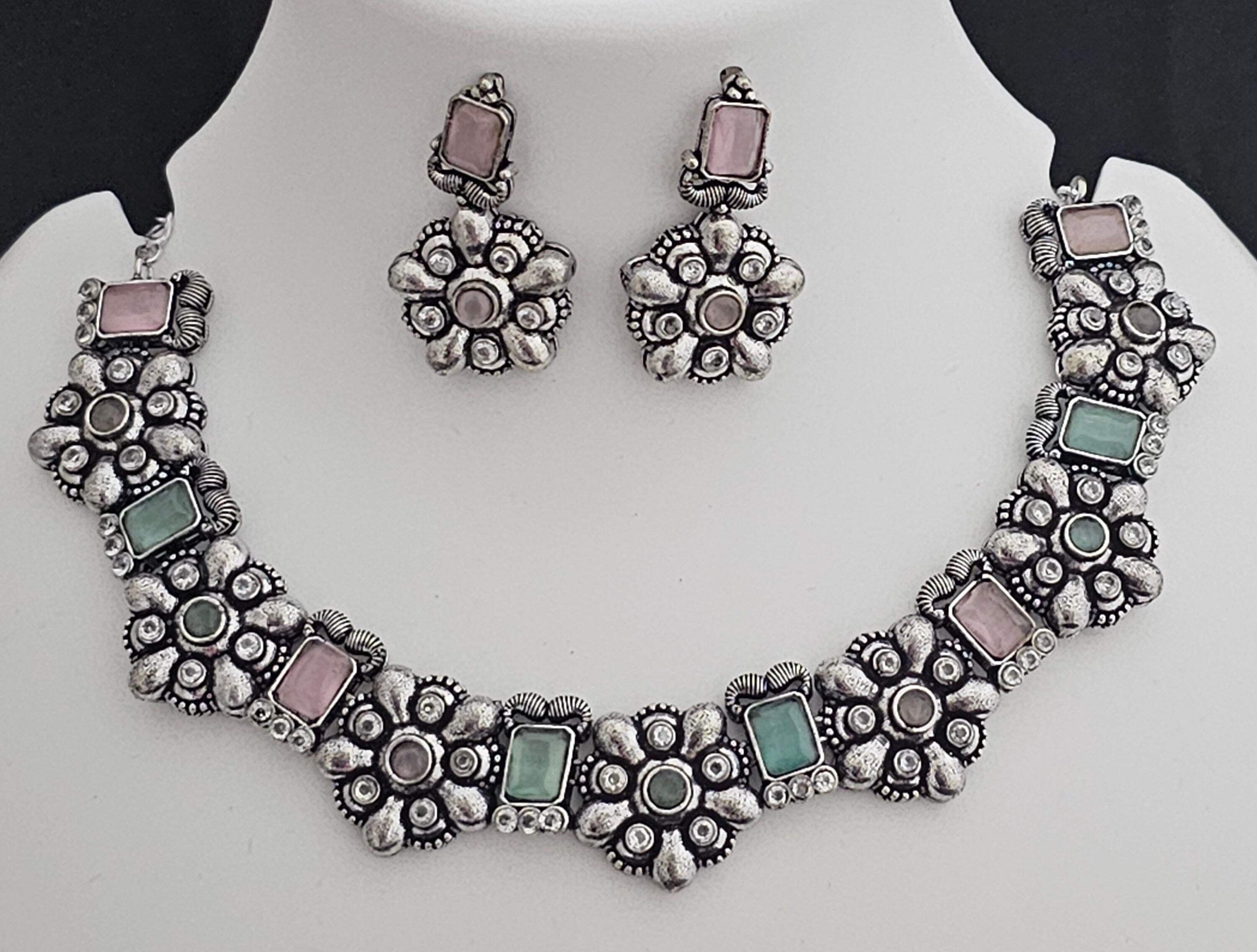 Premium quality partywear Oxidized silver Multi-color Necklace with matching Earrings