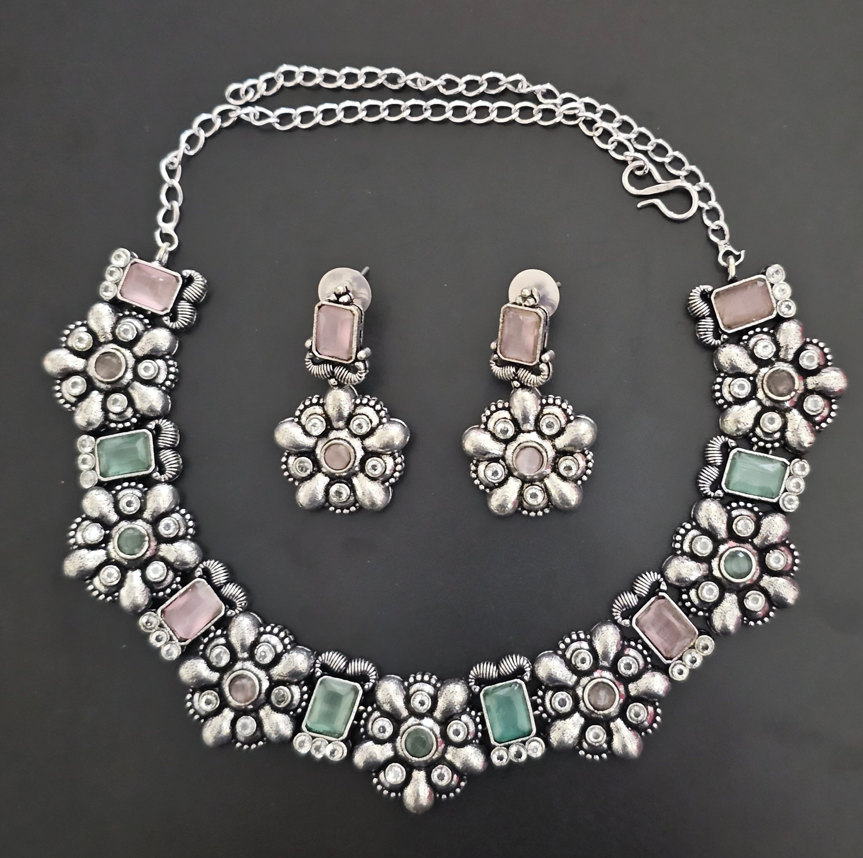 Premium quality partywear Oxidized silver Multi-color Necklace with matching Earrings