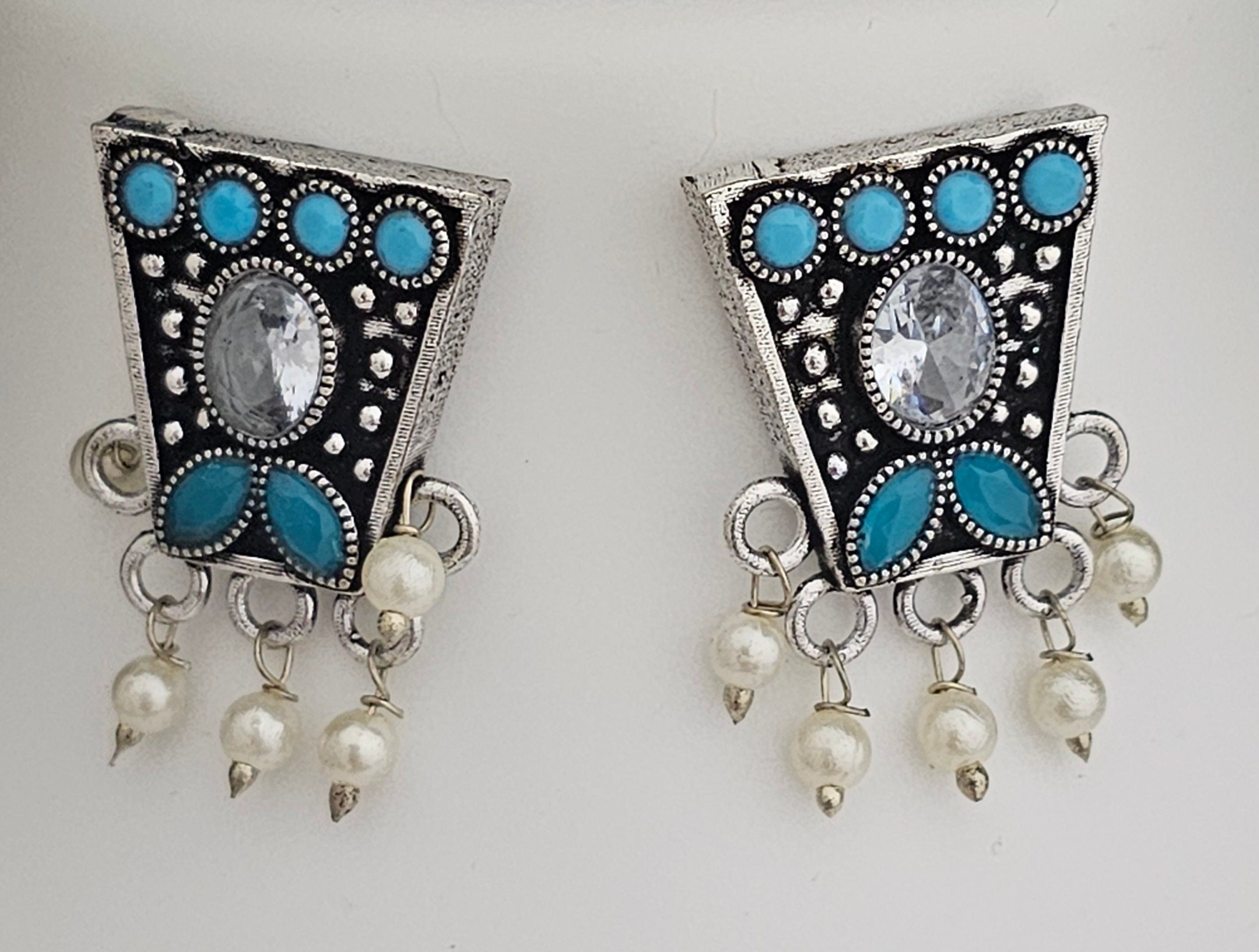 Premium Quality oxidized Silver Blue stone Haram with matching Earrings