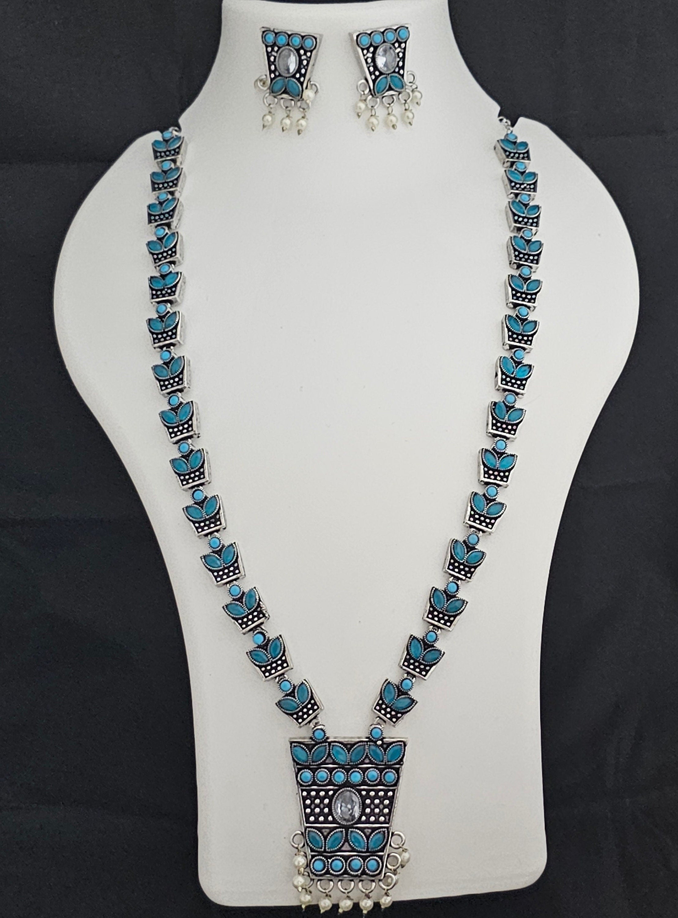 Premium Quality oxidized Silver Blue stone Haram with matching Earrings