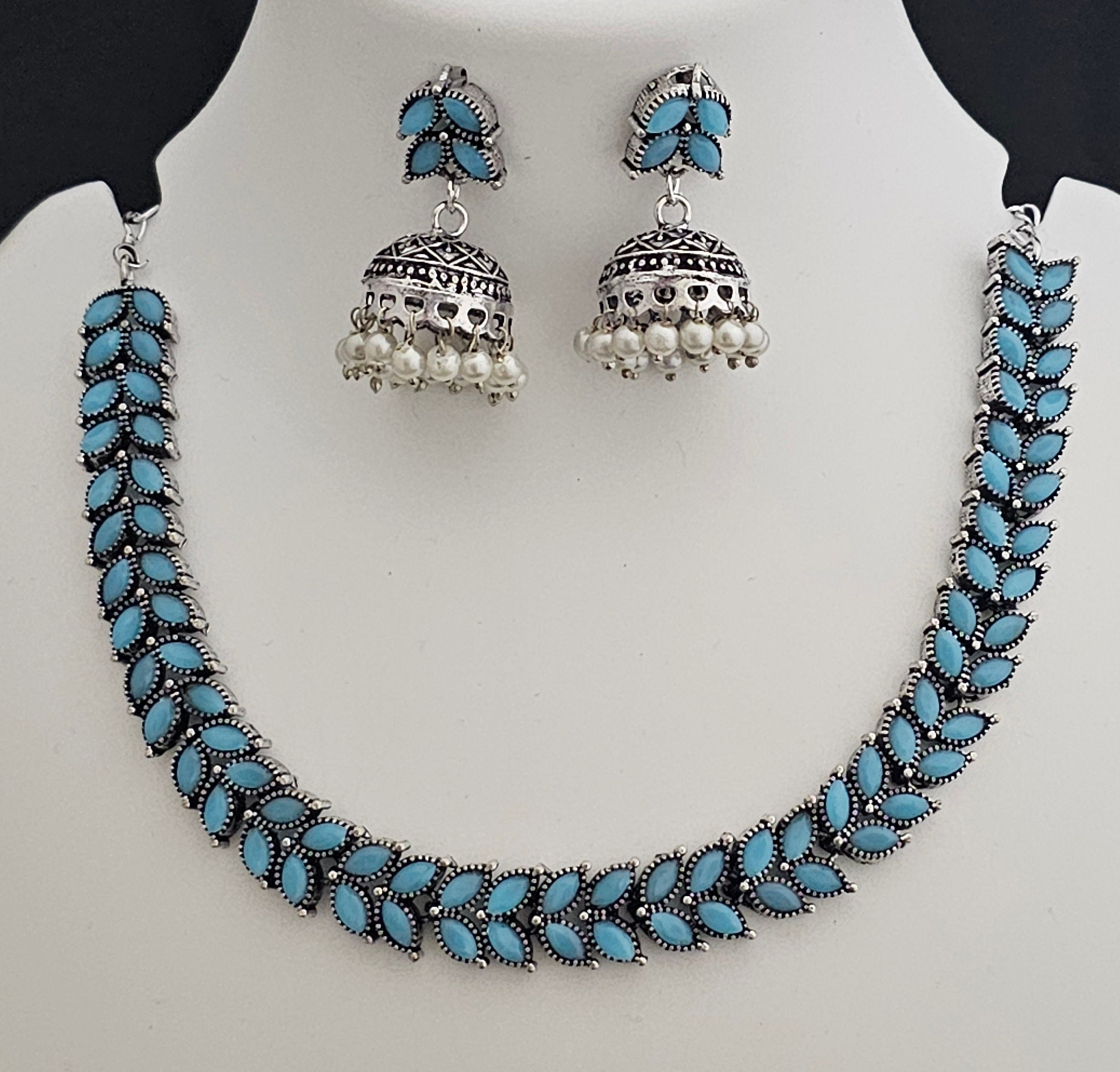 Oxidized Silver blue stone Leaves design Necklace with matching cute Jhumki