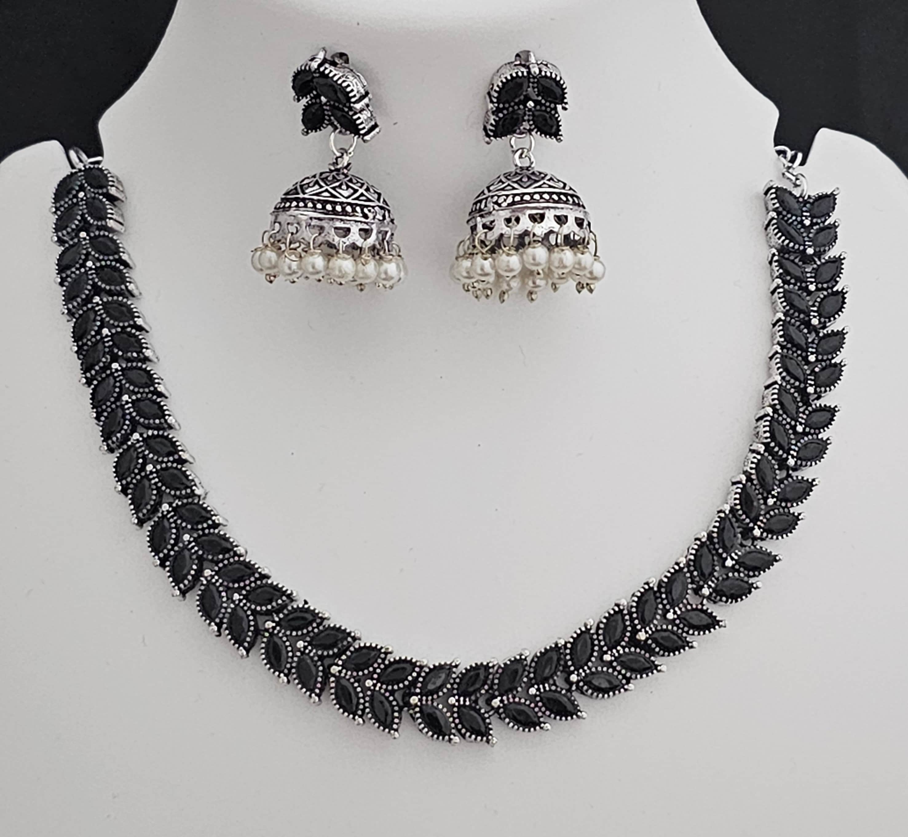 Oxidized Silver black stone Leaves design Necklace with matching cute Jhumki