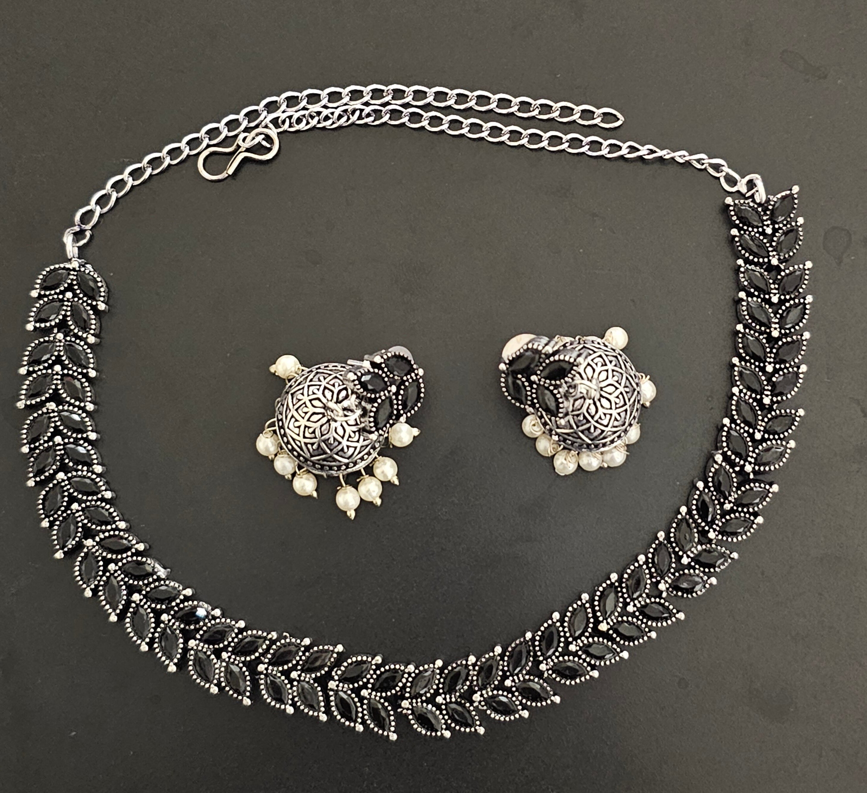 Oxidized Silver black stone Leaves design Necklace with matching cute Jhumki