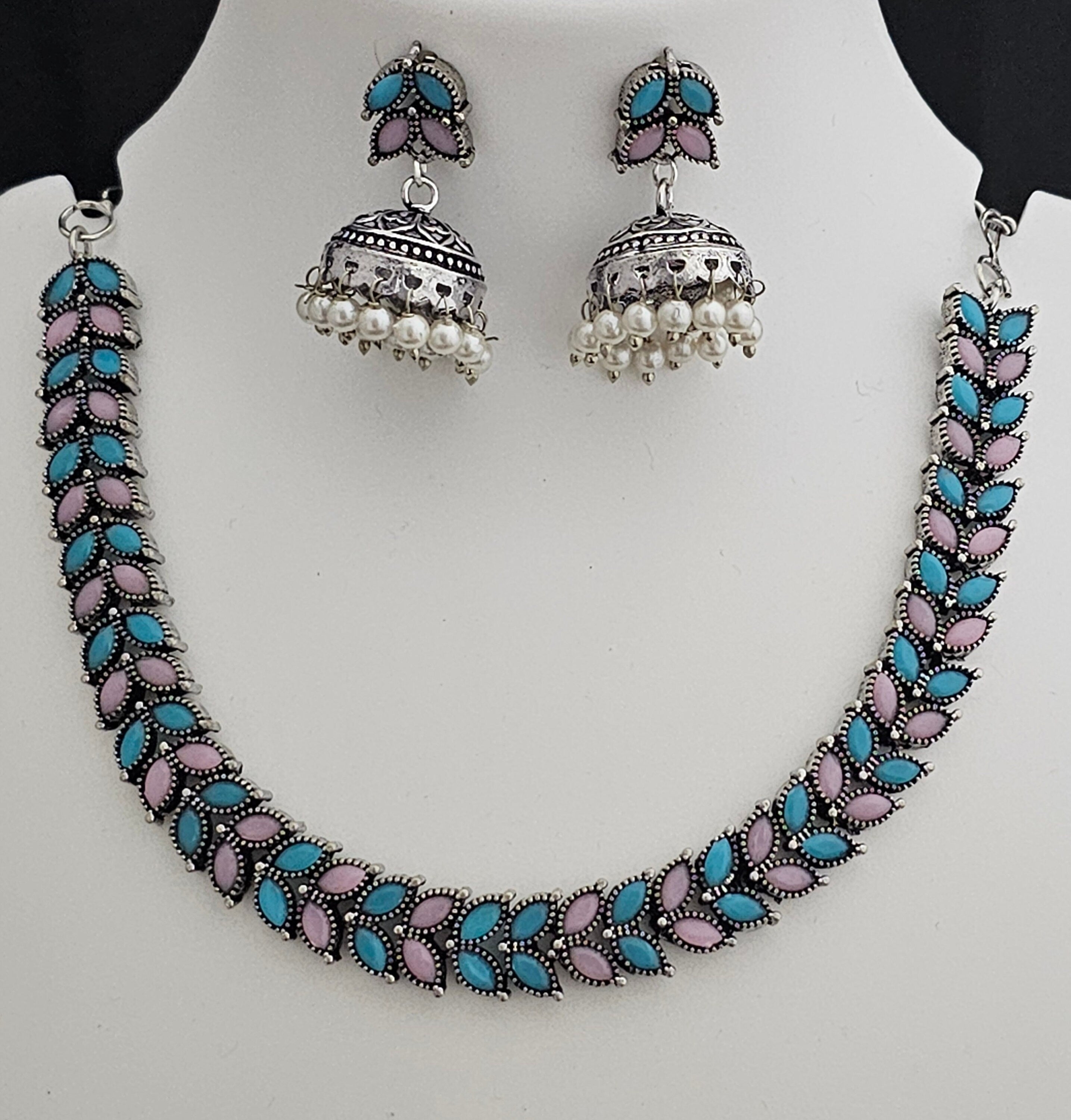 Oxidized Silver Multi-color stone Leaves design Necklace with matching cute Jhumki