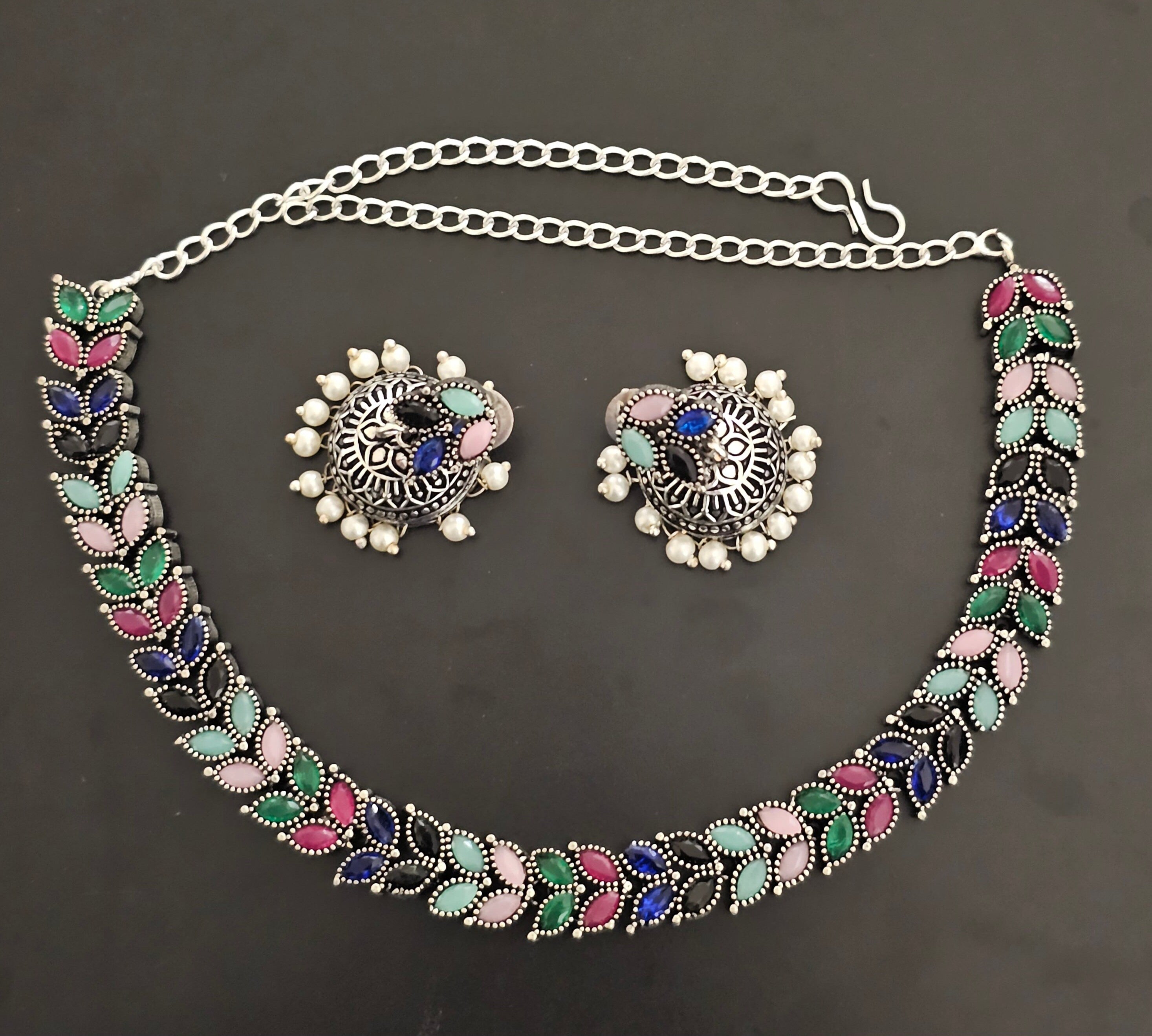 Oxidized Silver Multi-color stone Leaves design Necklace with matching cute Jhumki