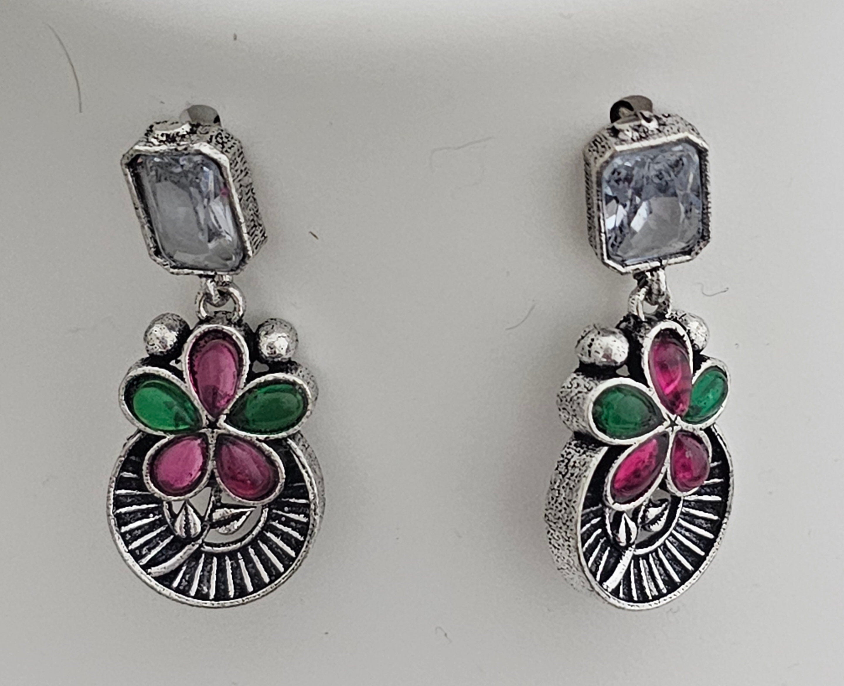 Premium quality partywear Oxidized silver Multi-color stone Necklace with matching Earrings