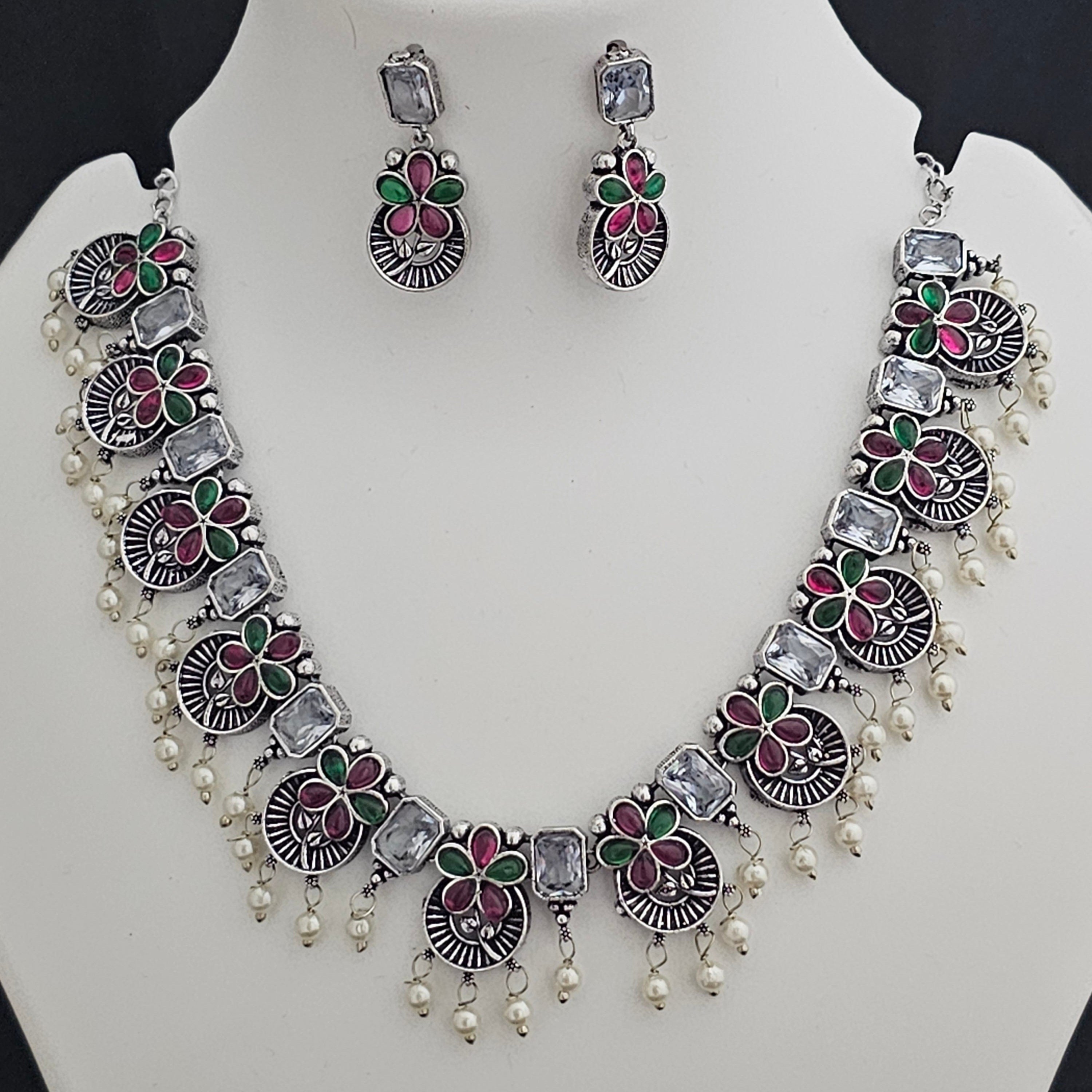 Premium quality partywear Oxidized silver Multi-color stone Necklace with matching Earrings