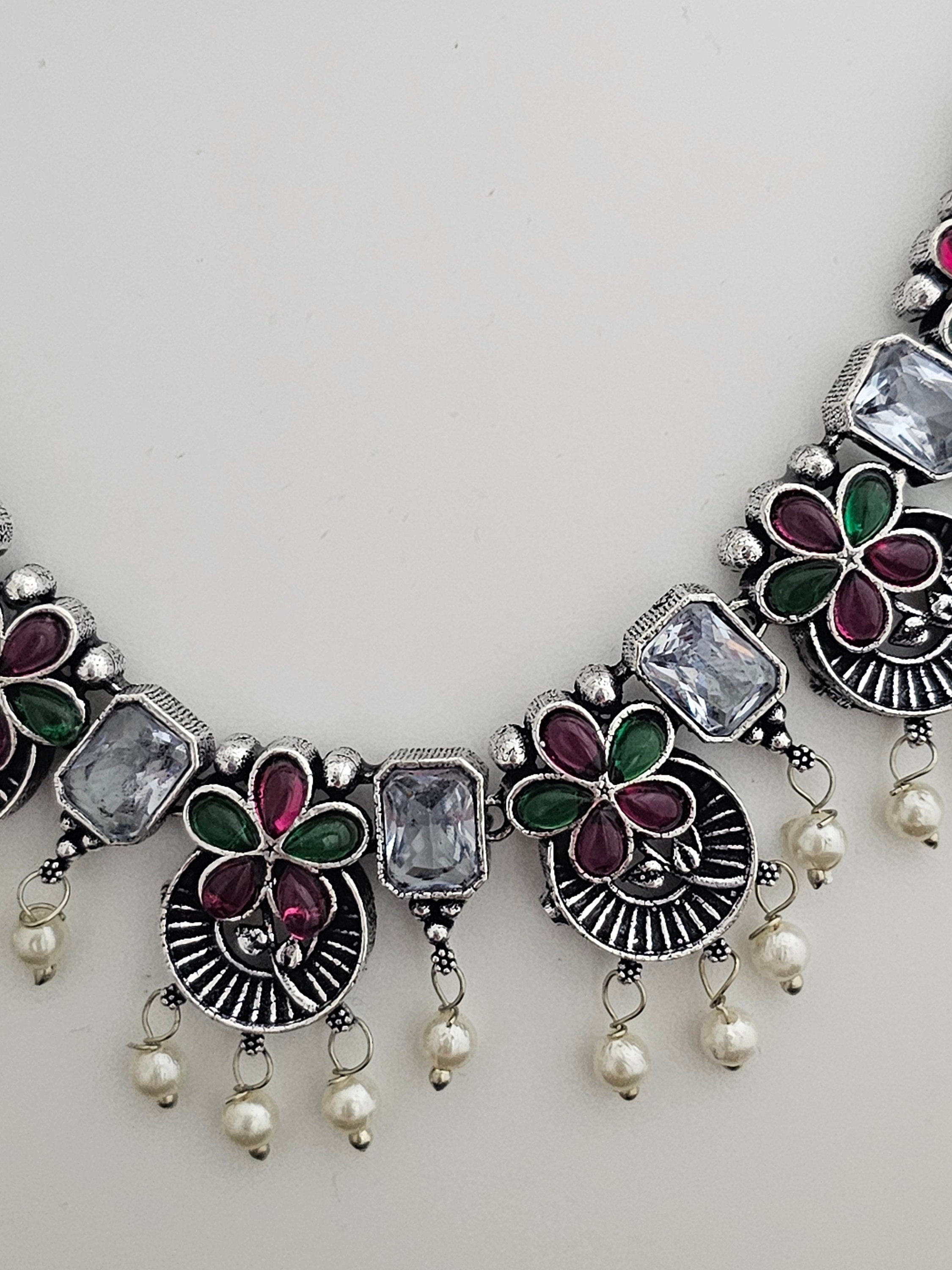Premium quality partywear Oxidized silver Multi-color stone Necklace with matching Earrings
