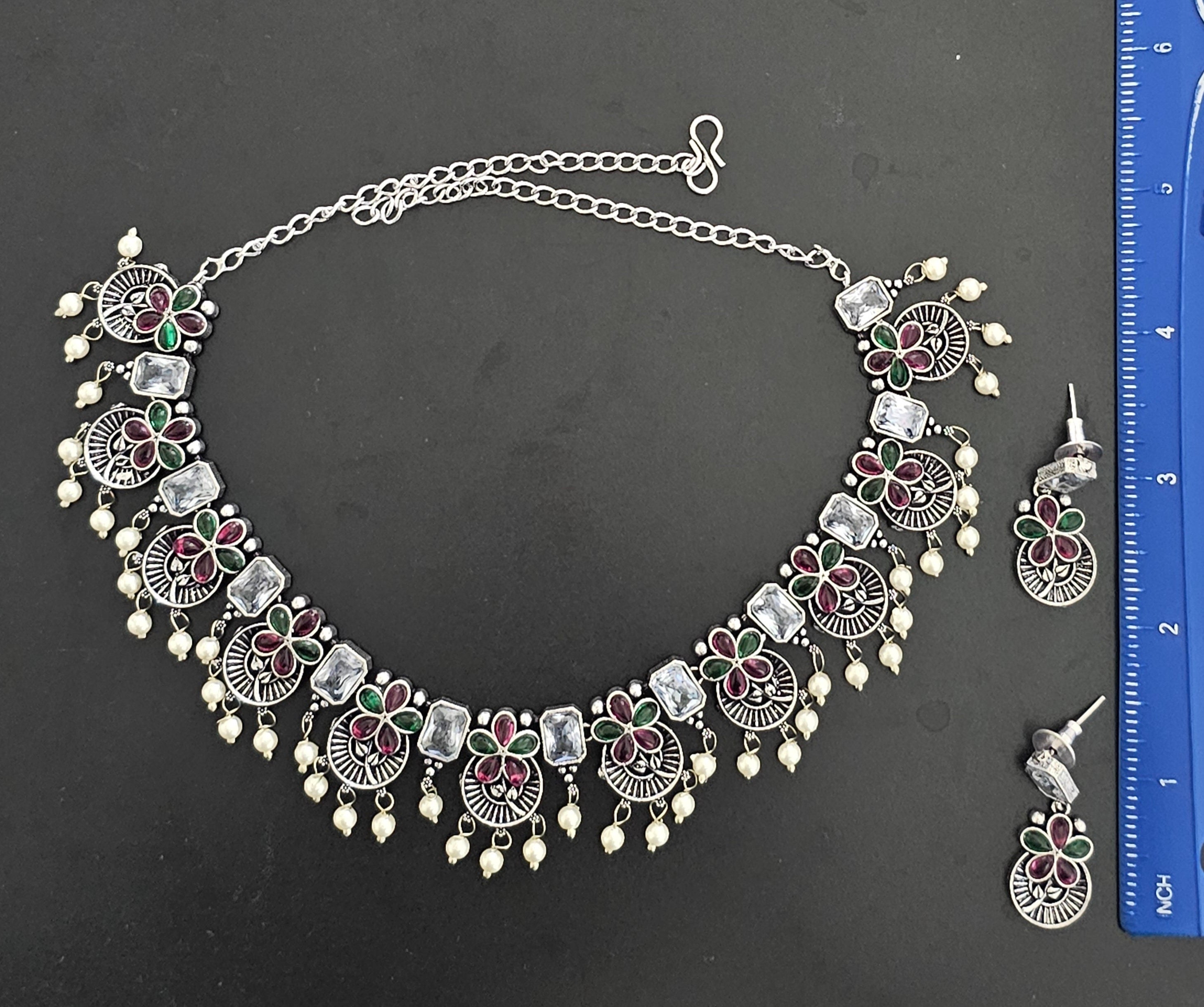 Premium quality partywear Oxidized silver Multi-color stone Necklace with matching Earrings
