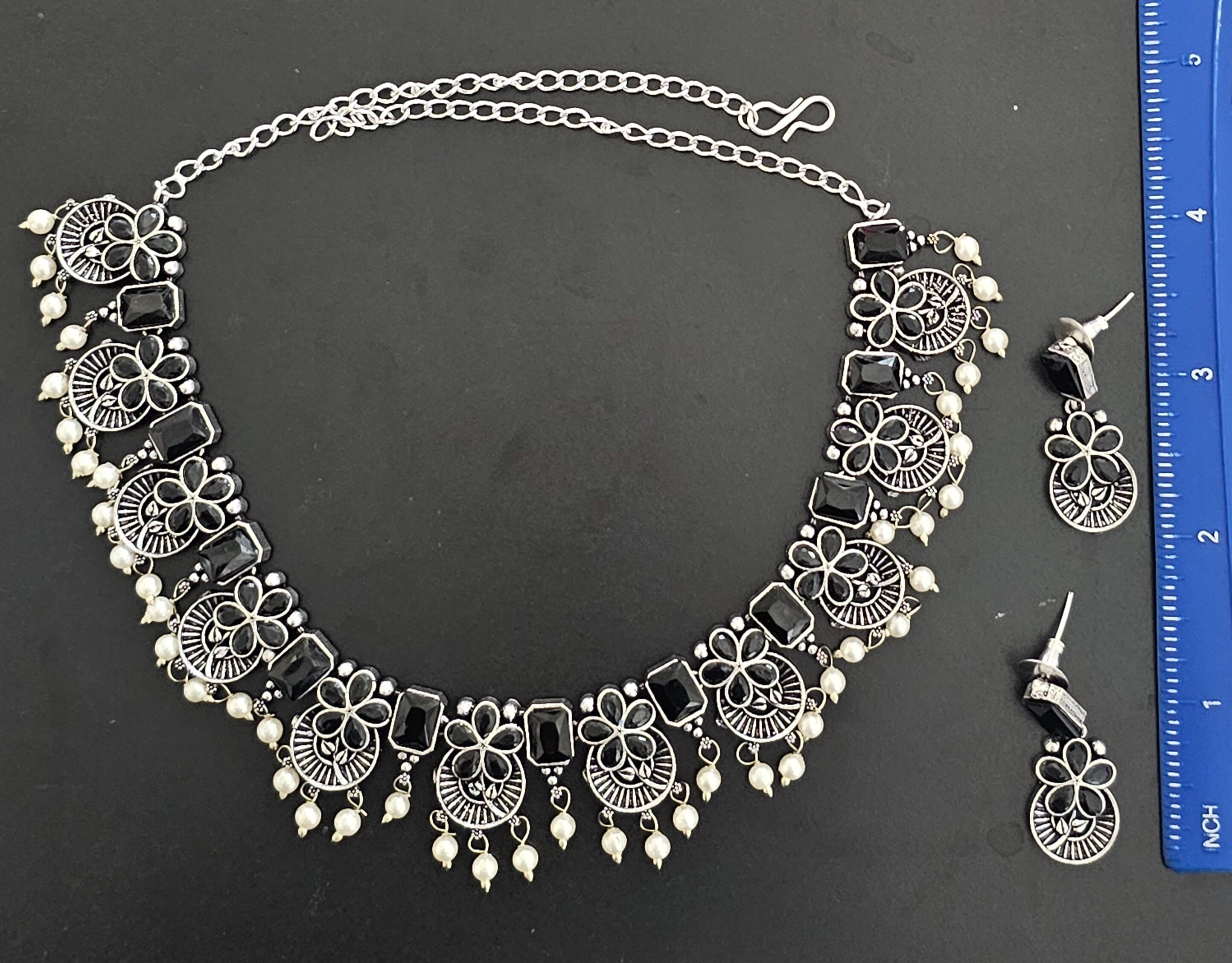 Premium quality partywear Oxidized silver Black Color stone Necklace with matching Earrings