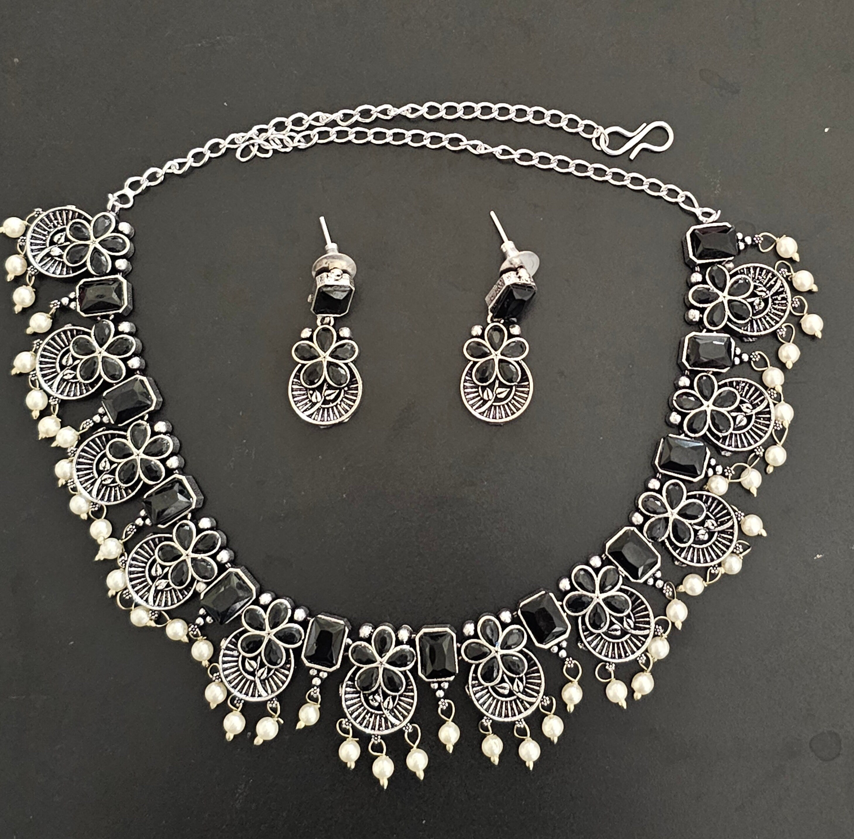 Premium quality partywear Oxidized silver Black Color stone Necklace with matching Earrings