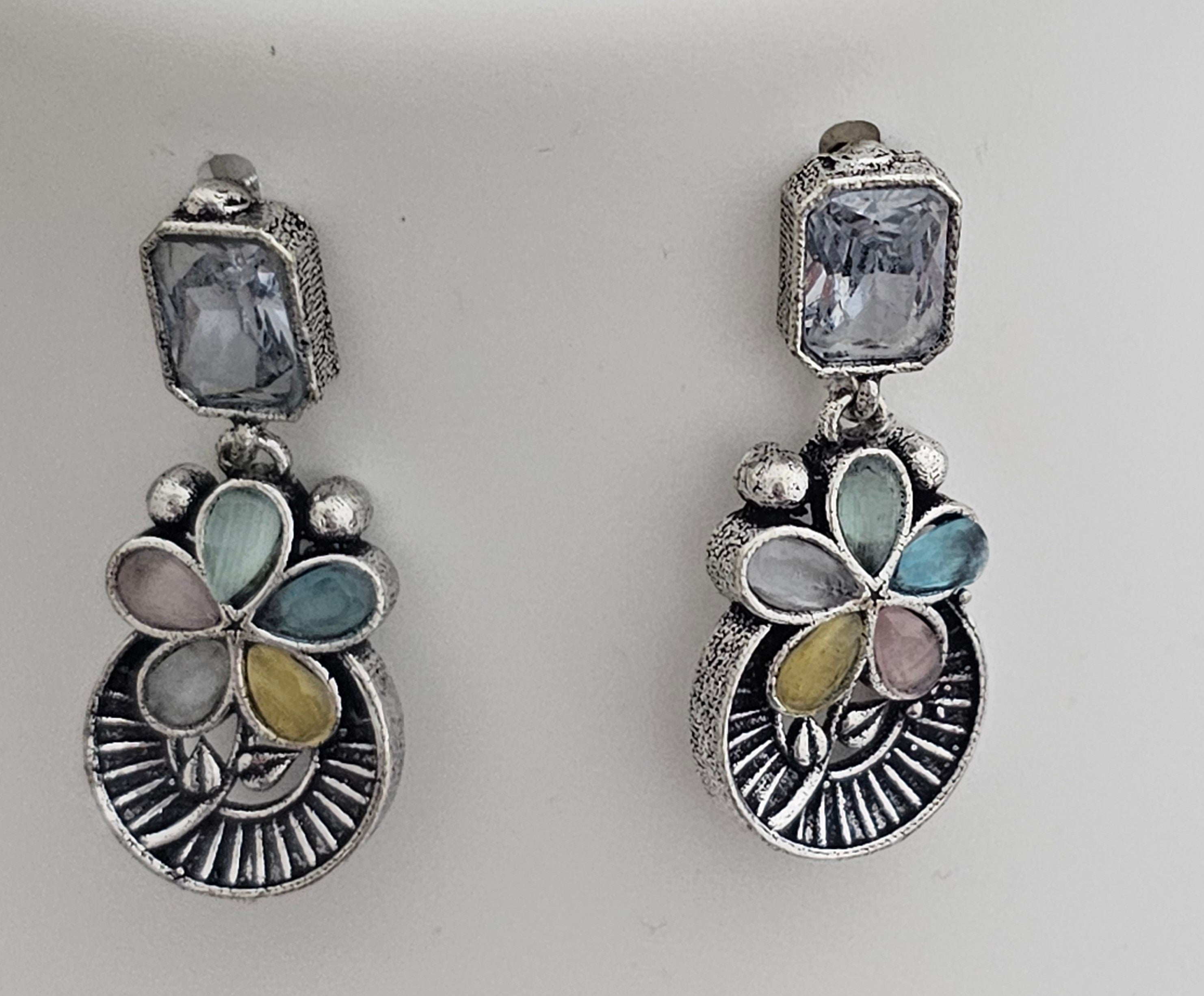 Premium quality partywear Oxidized silver Multi-Color stone Necklace with matching Earrings