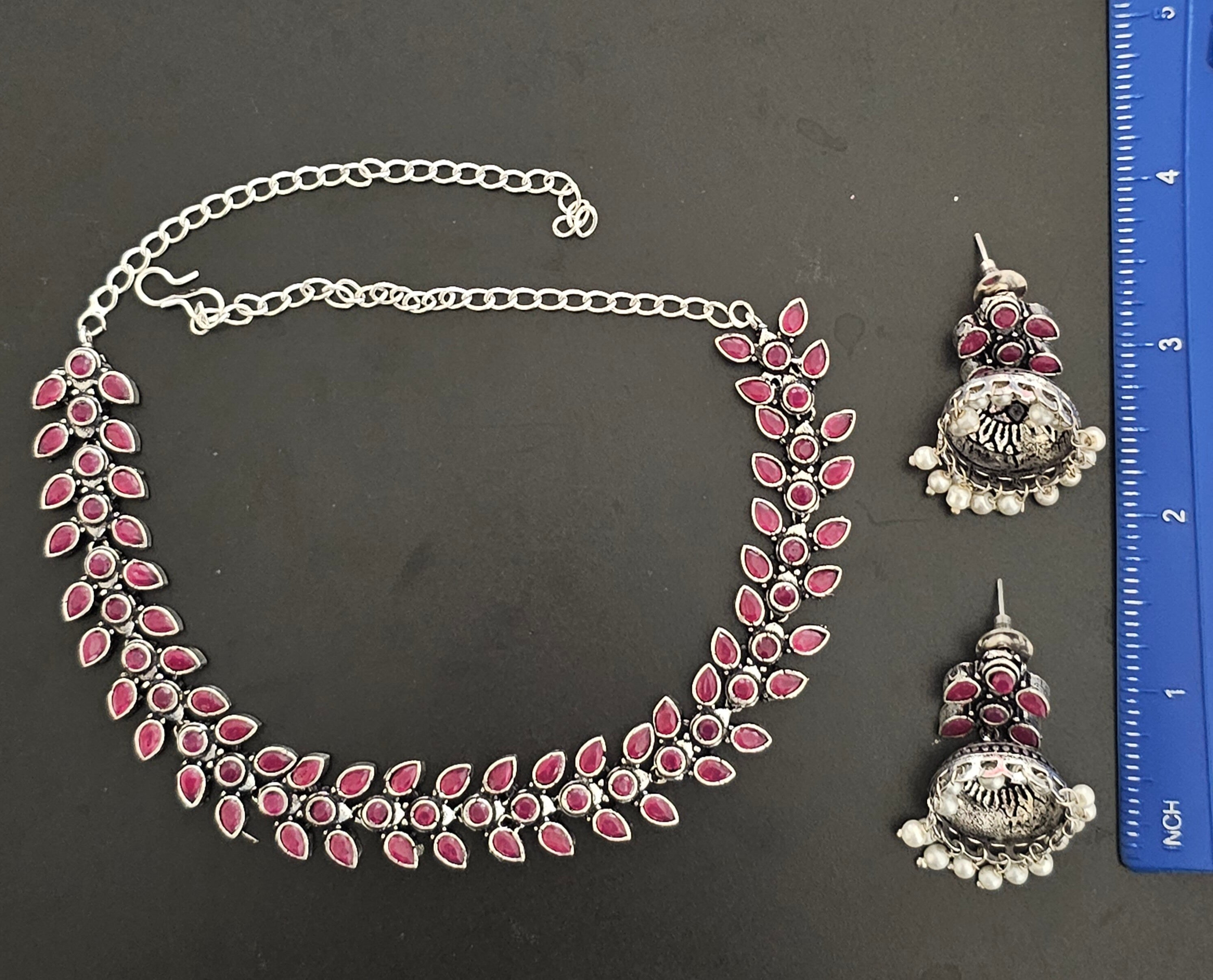 Leaves design Oxidized silver pink stone Necklace with matching Cute Jhumka