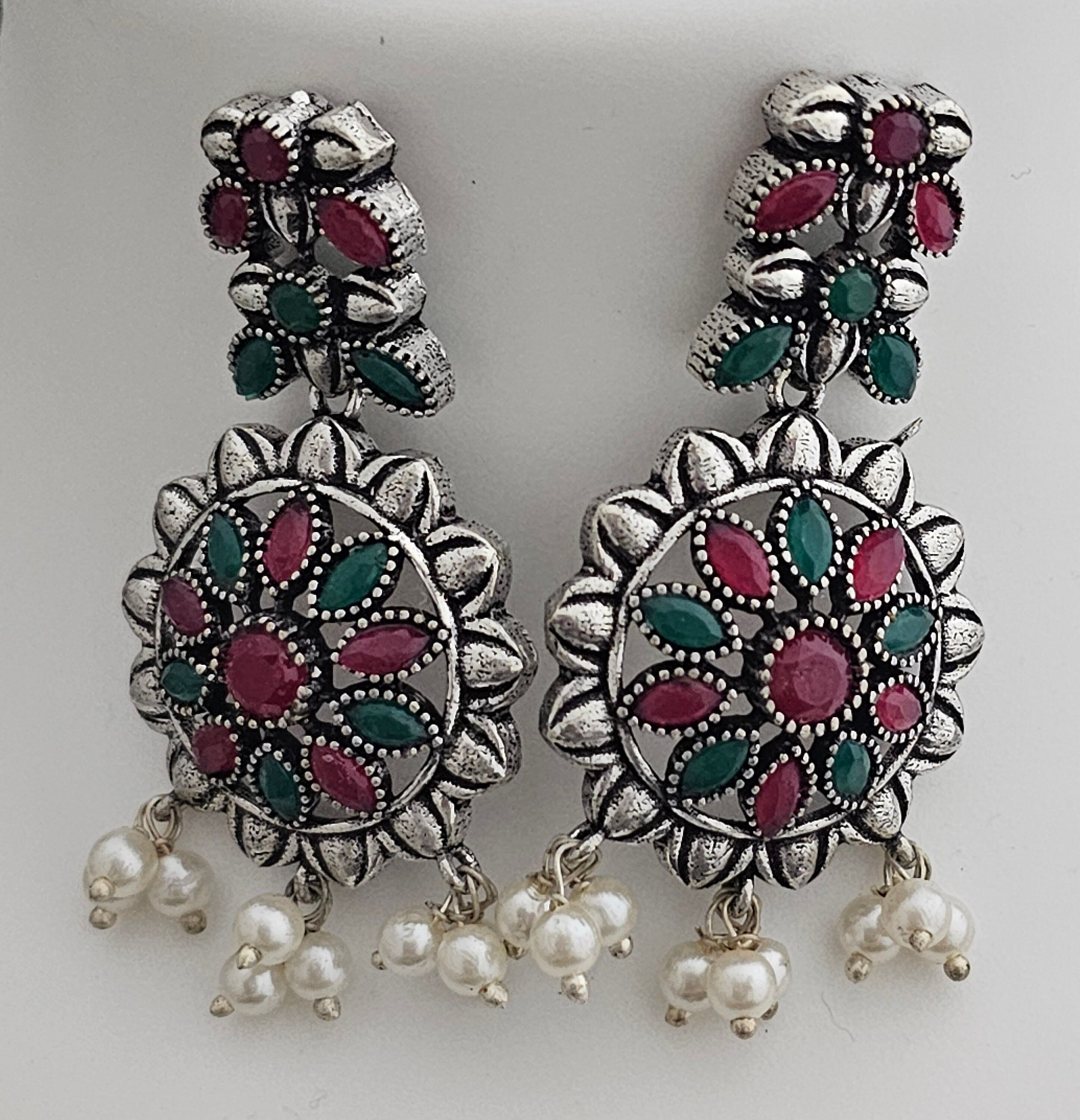Oxidized Silver Multi-color stone Middle Haram with matching Earrings