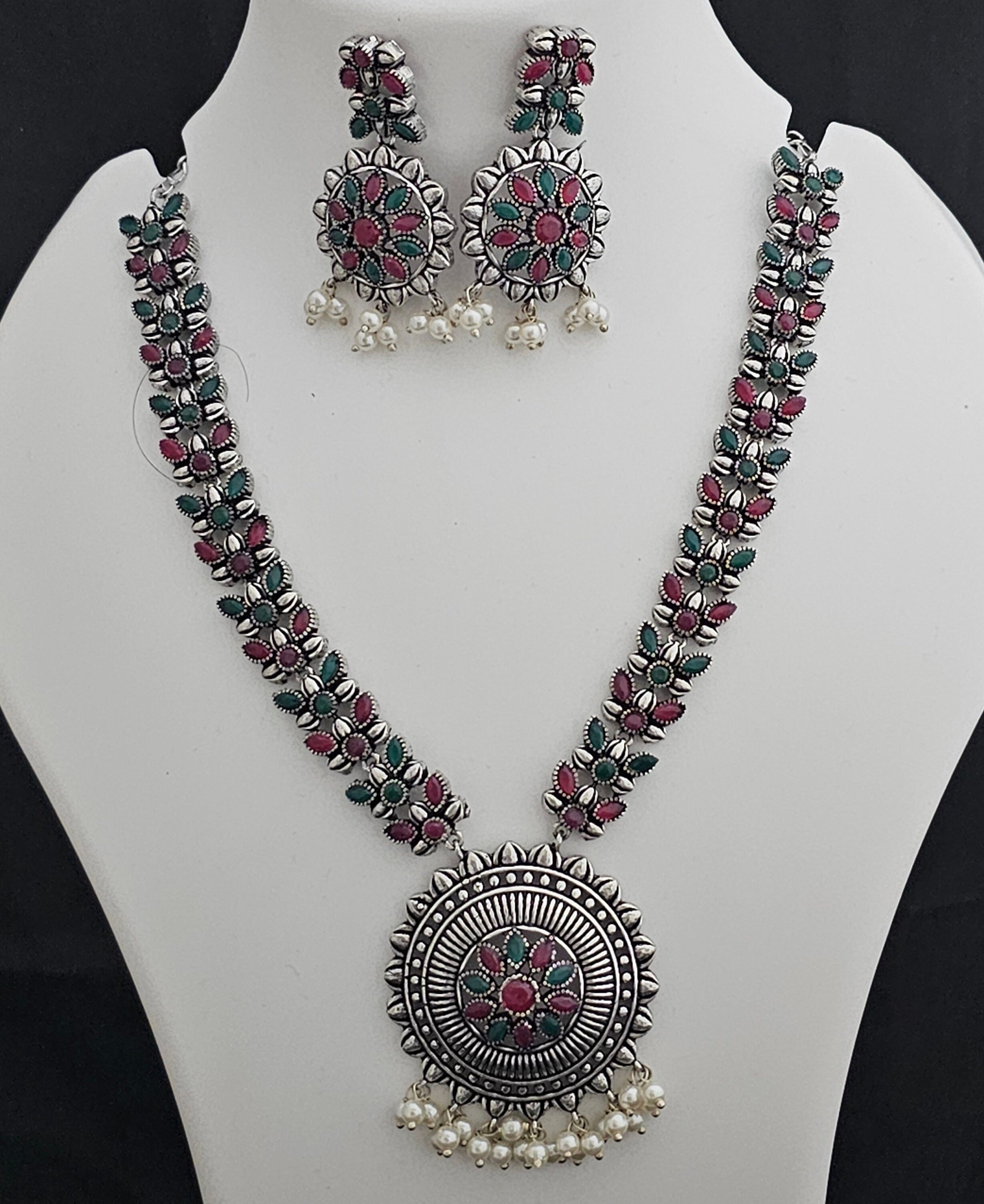 Oxidized Silver Multi-color stone Middle Haram with matching Earrings