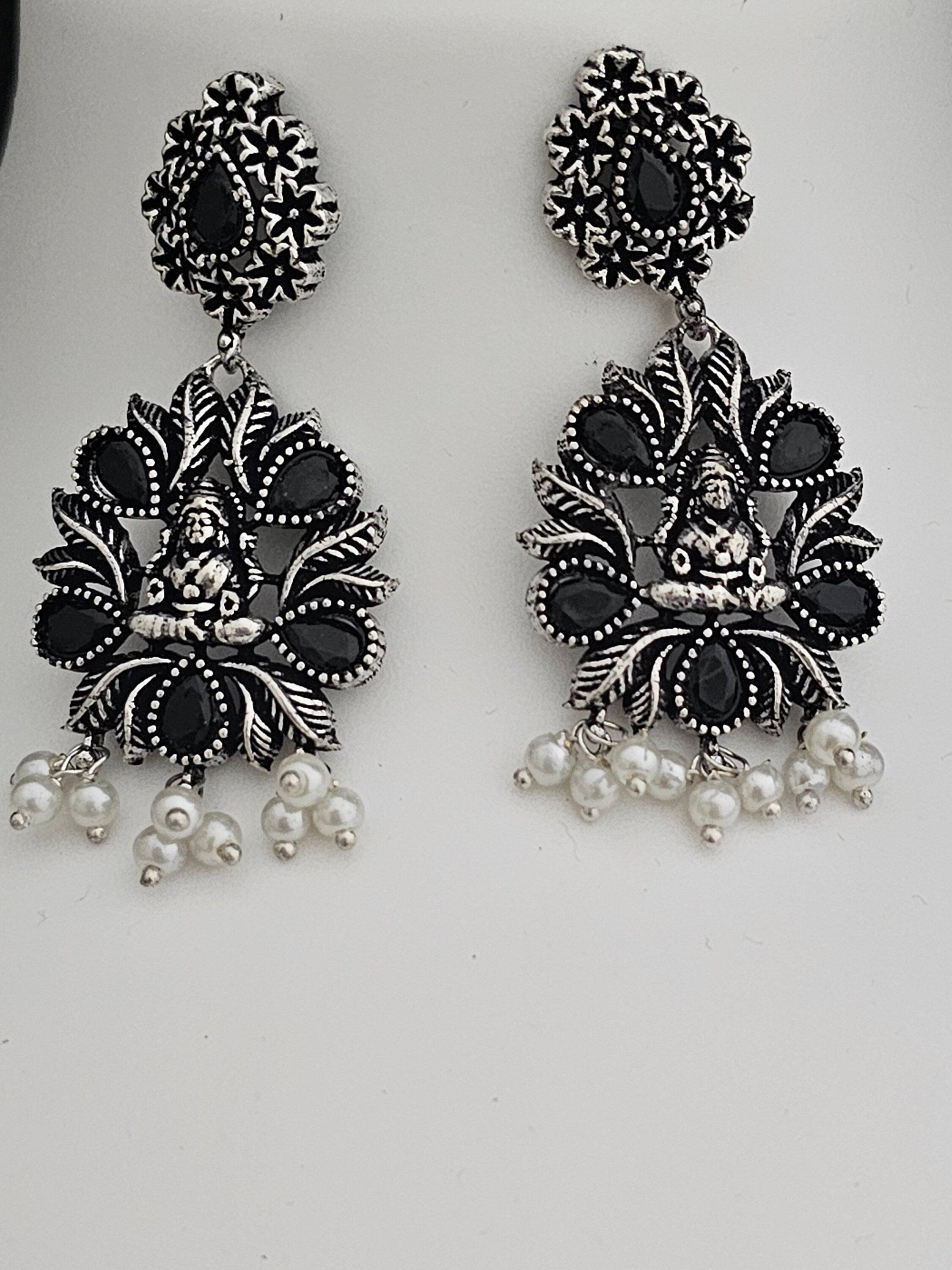 Lakshmi Oxidized Silver Black stone Haram with matching Earrings