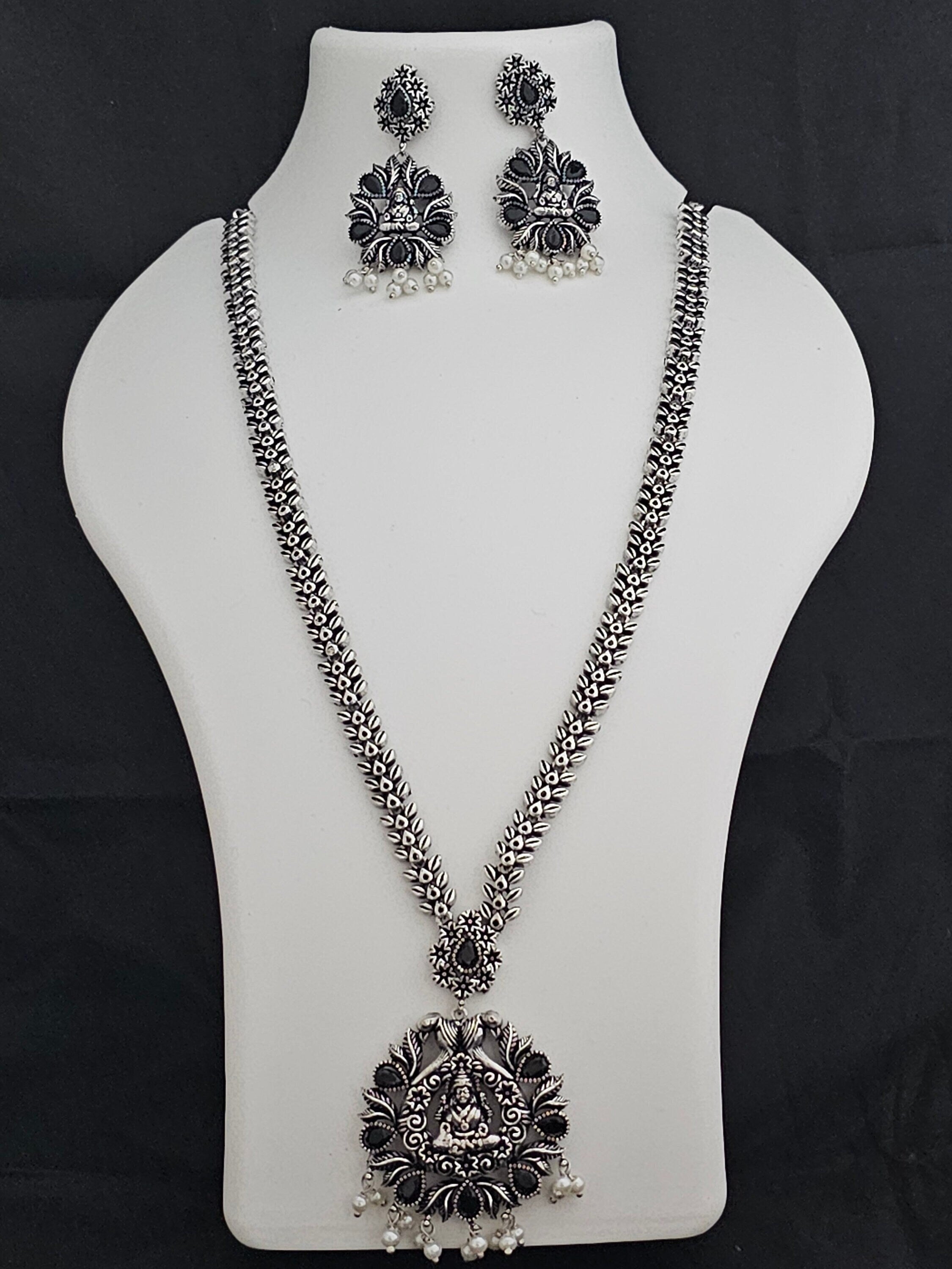 Lakshmi Oxidized Silver Black stone Haram with matching Earrings