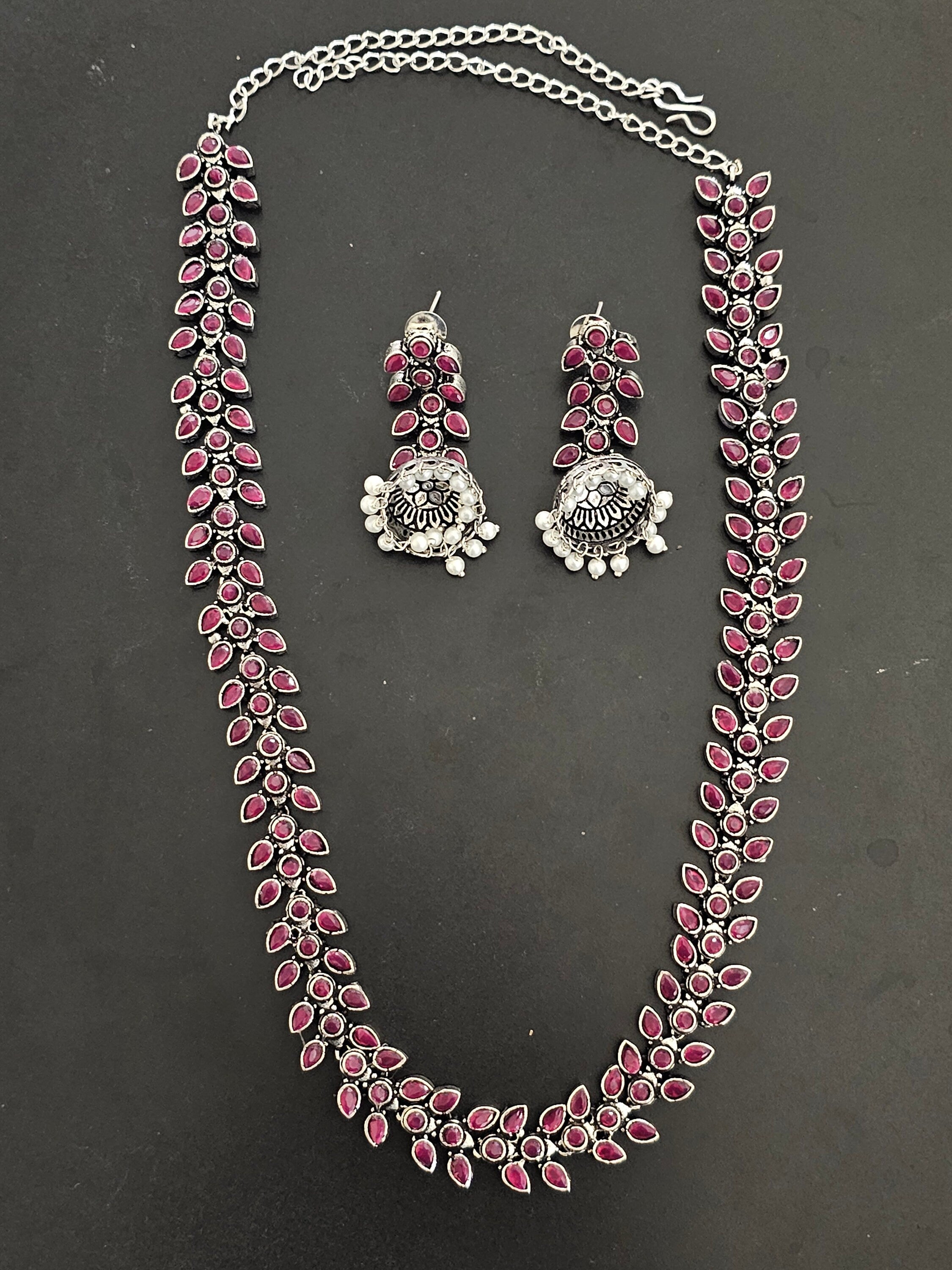 Leaves design Oxidized silver pink stone Haram with matching long Jhumka