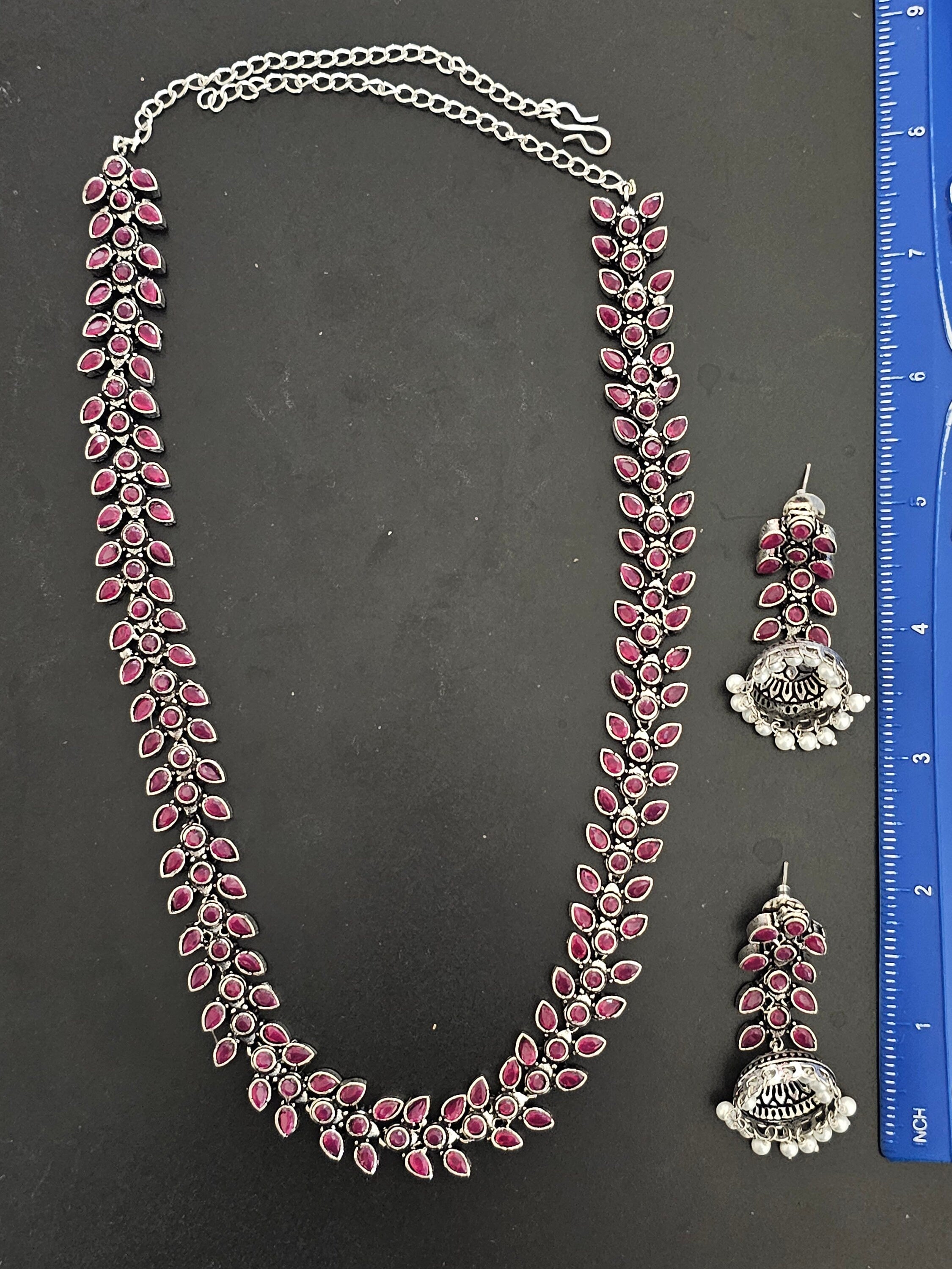 Leaves design Oxidized silver pink stone Haram with matching long Jhumka