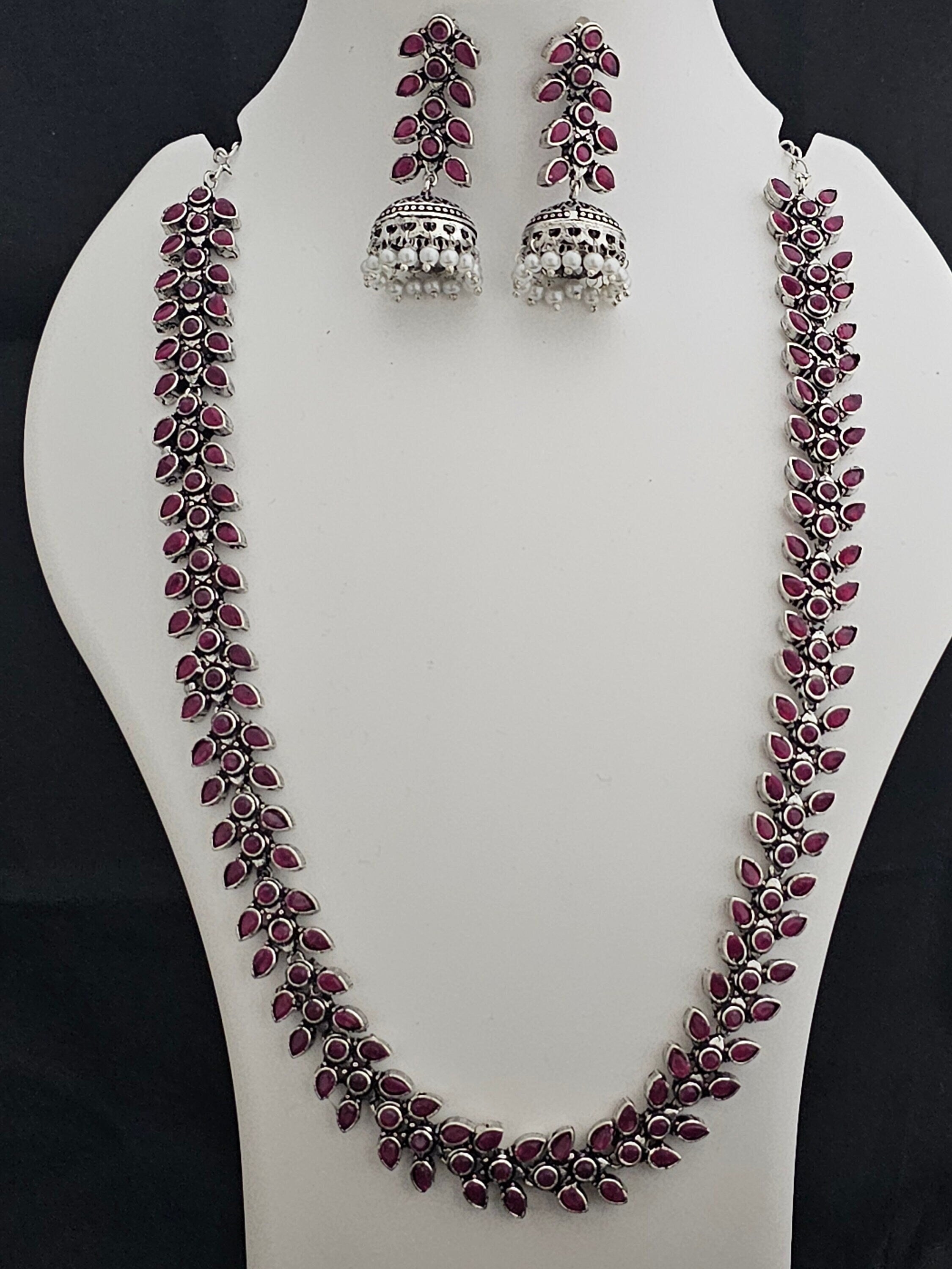 Leaves design Oxidized silver pink stone Haram with matching long Jhumka