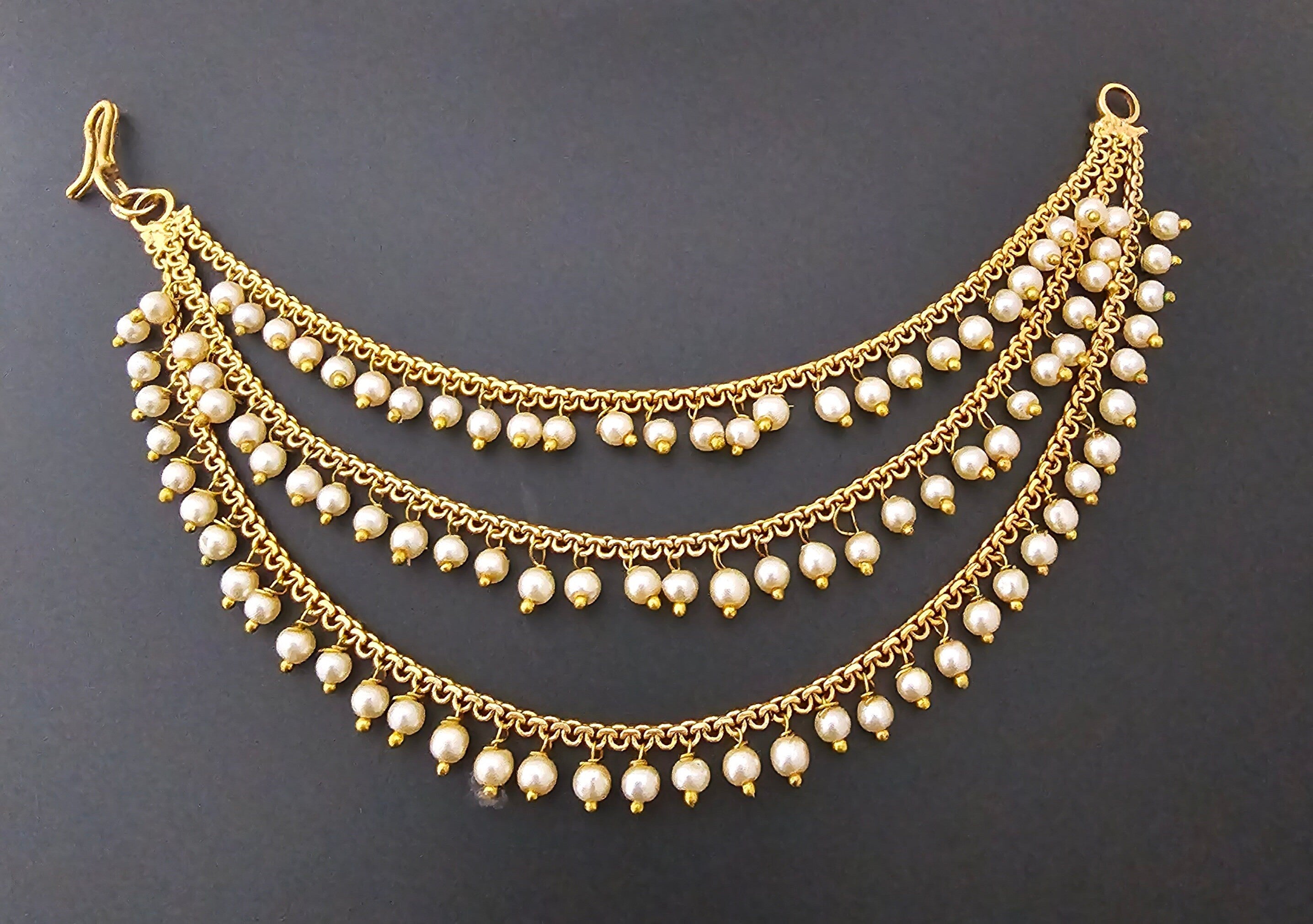 Gold finish Jhumka Chain/Earring chain /Earring Mattal/Matti - Three layer pearl Mattal/Matti/Kaan chain