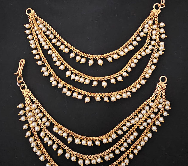 Gold finish Jhumka Chain/Earring chain /Earring Mattal/Matti - Three layer pearl Mattal/Matti/Kaan chain