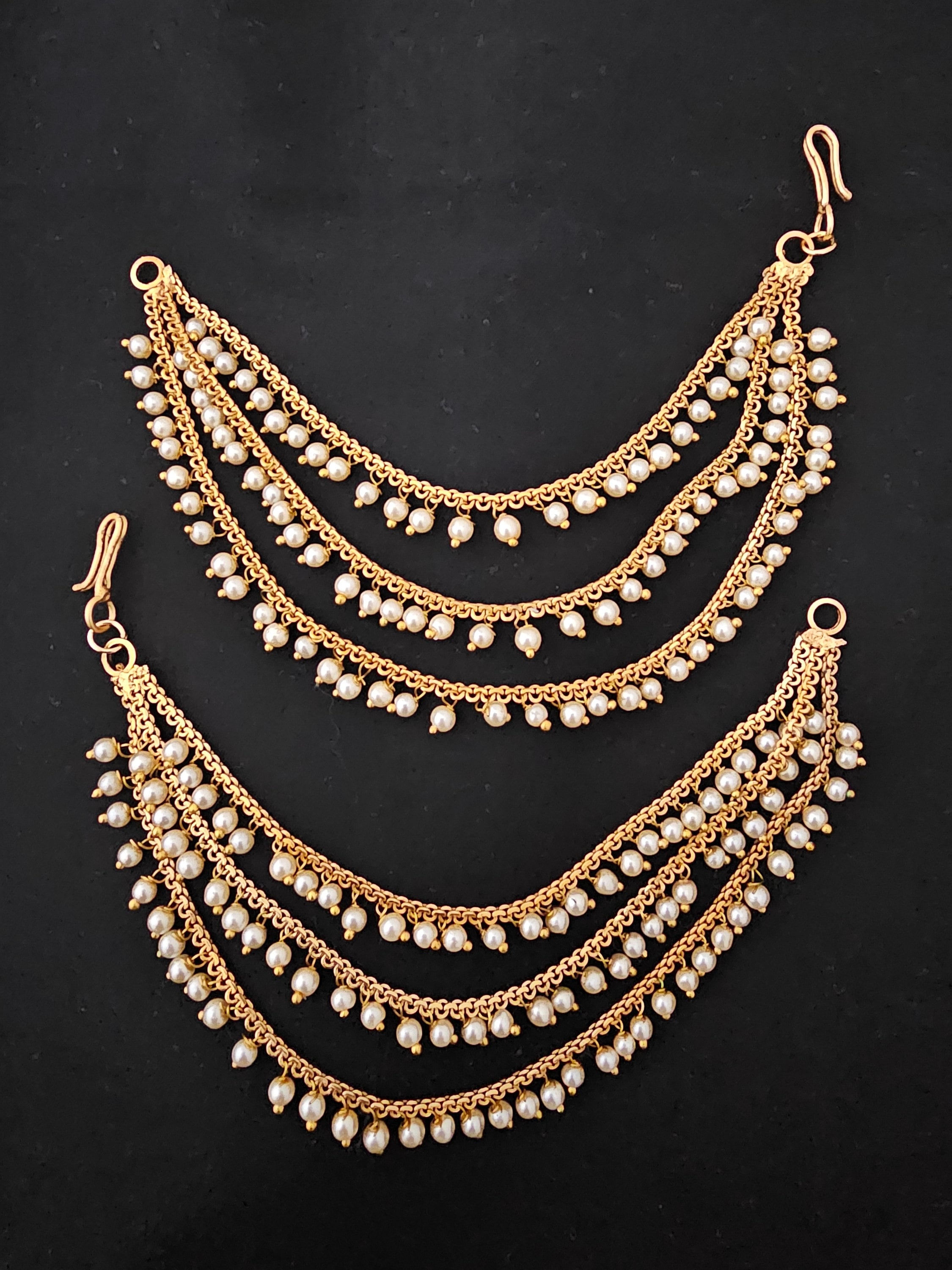 Gold finish Jhumka Chain/Earring chain /Earring Mattal/Matti - Three layer pearl Mattal/Matti/Kaan chain