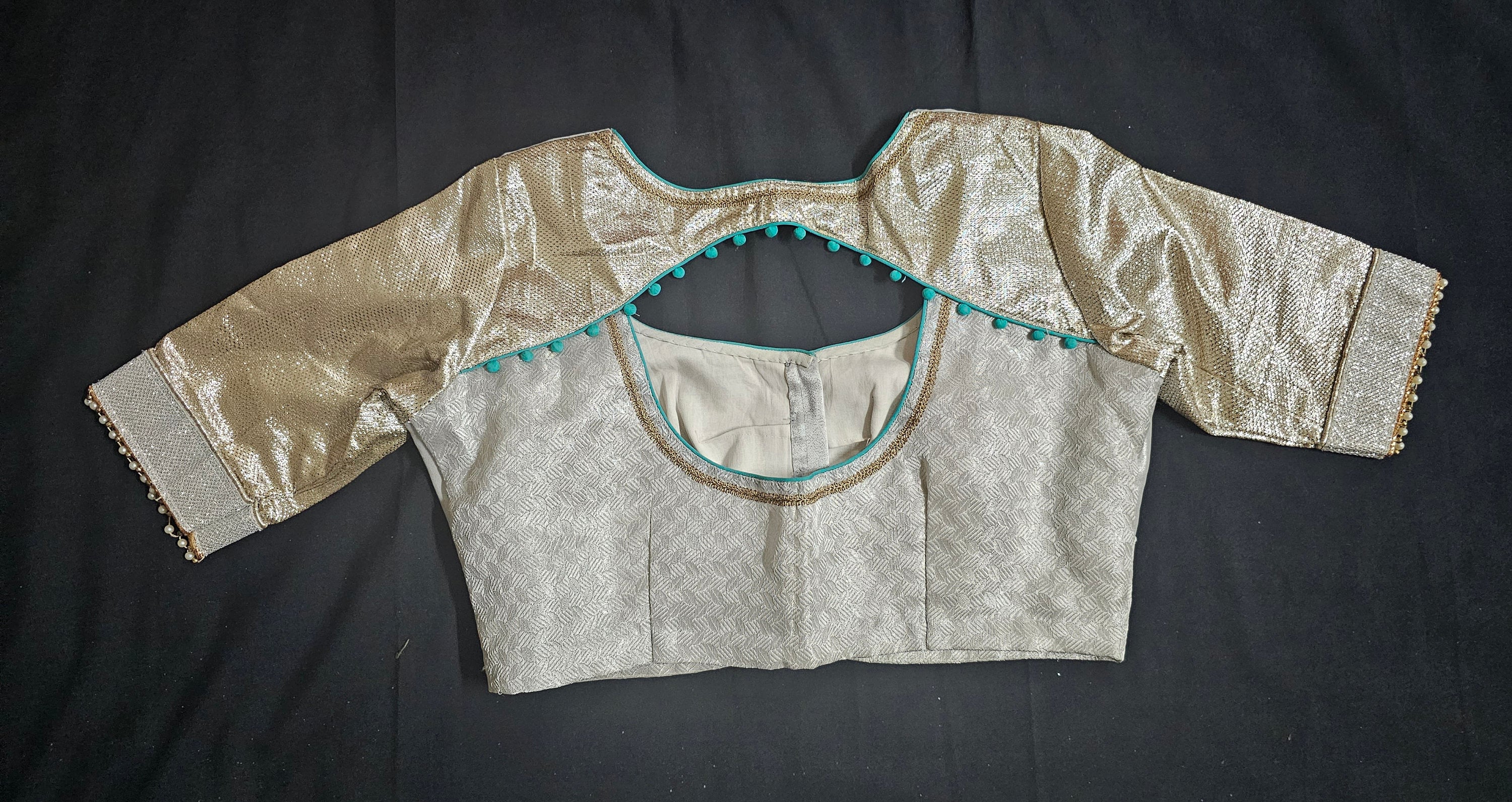 Designer Teel green Color Saree with silver jari border and stitched Silver color Blouse - Blouse 38" (Upto 42)