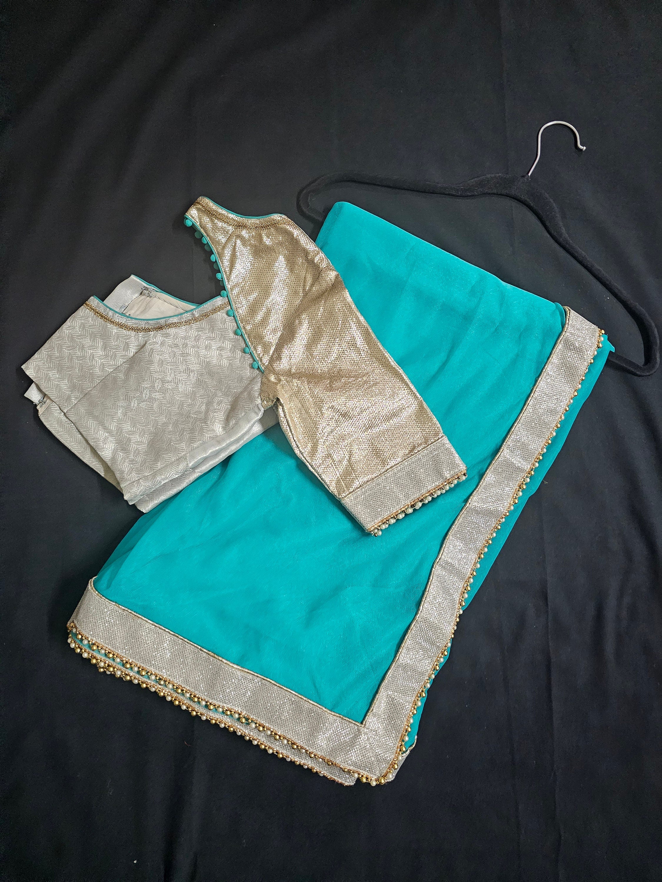 Designer Teel green Color Saree with silver jari border and stitched Silver color Blouse - Blouse 38" (Upto 42)